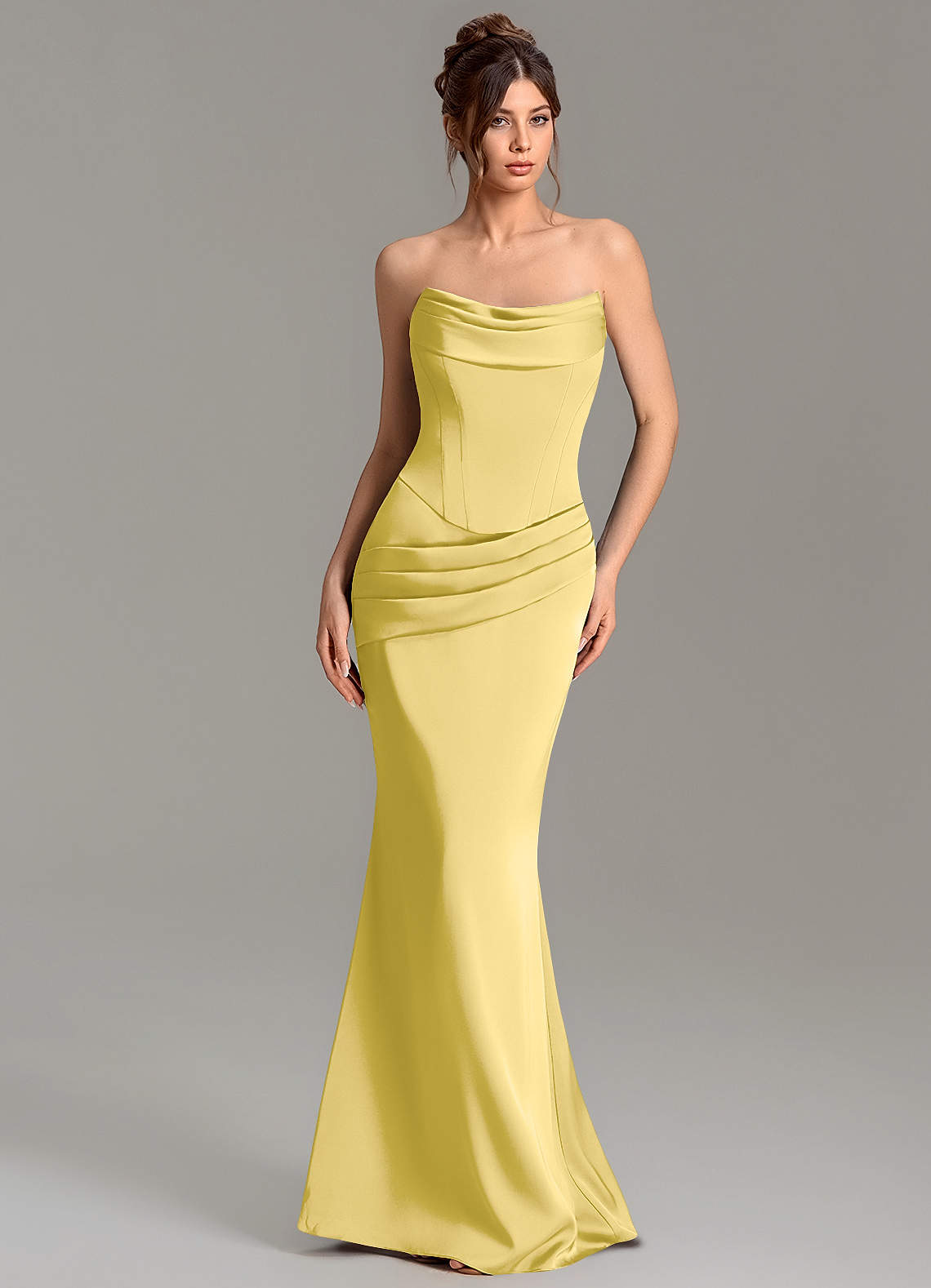 Adrienne Mermaid Cowl-Neck Stretch Satin Bridesmaid Dress in Canary