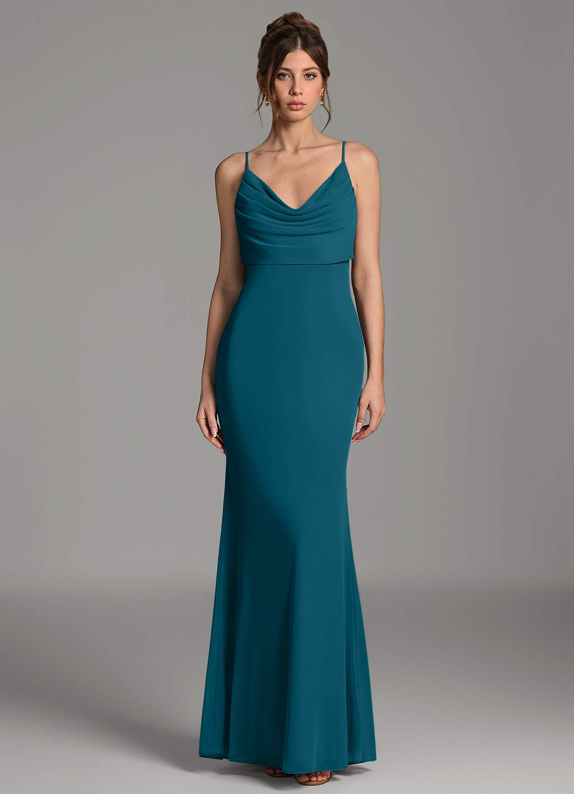 Zari Mermaid Cowl-Neck Mesh Bridesmaid Dress in Ink Blue