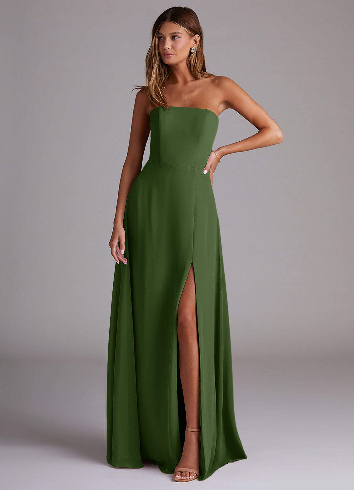 Wren A-Line Straight-Neck Chiffon Bridesmaid Dress in Olive