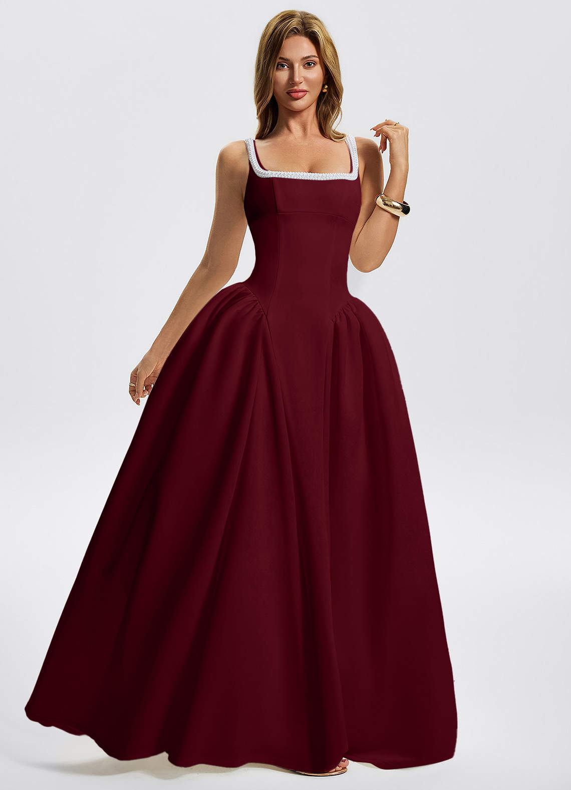 Kaelin A-Line Square-Neck Stretch Knit Evening Dress in Burgundy
