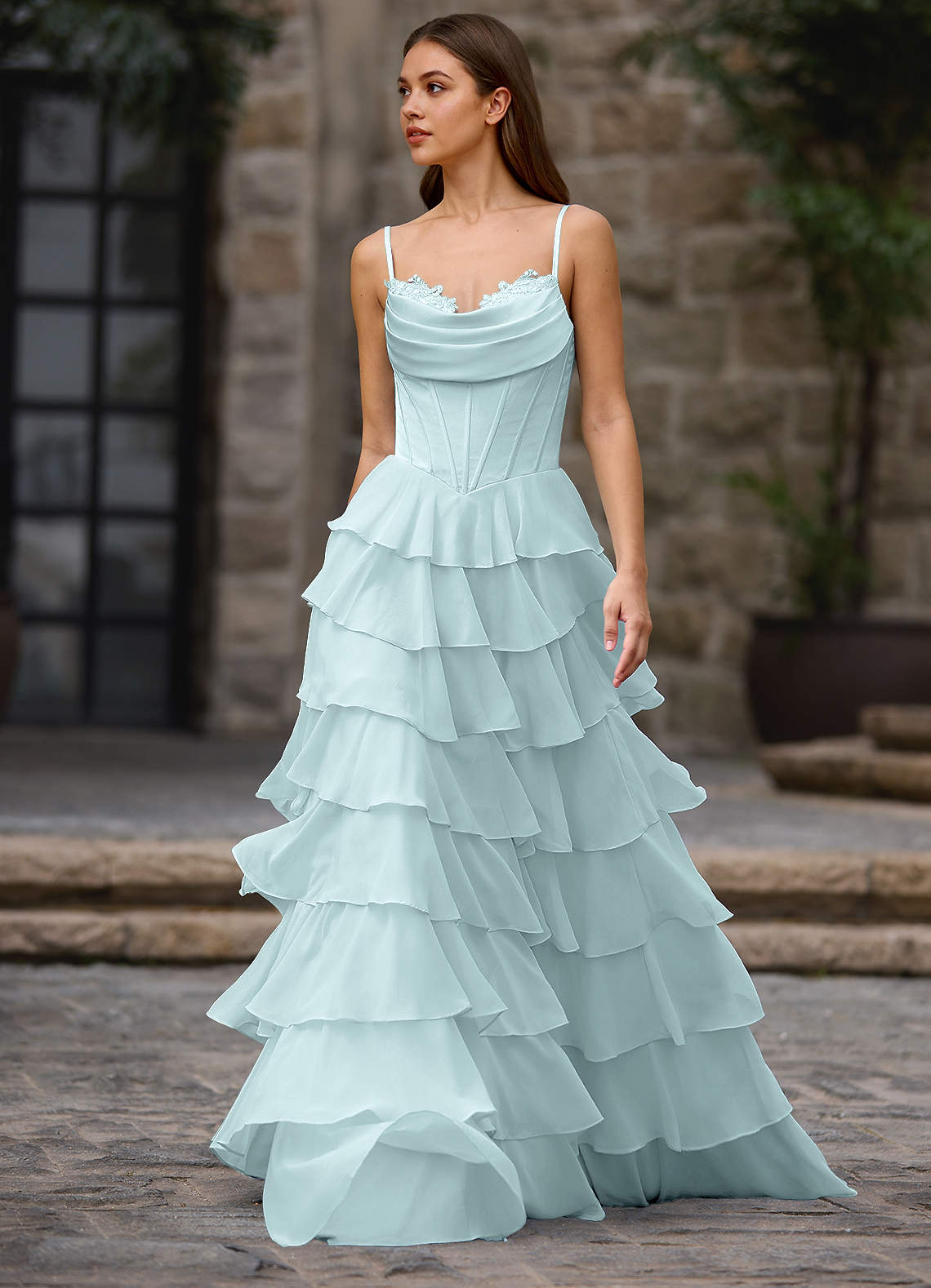 Floralace A-Line Ruffle Chiffon Evening Dress in Mist