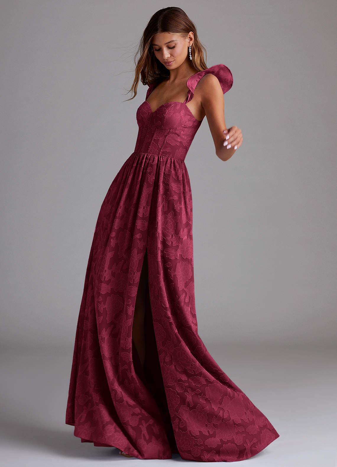 Denisse A-Line Sweetheart Floral Burnout Bridesmaid Dress in Burgundy