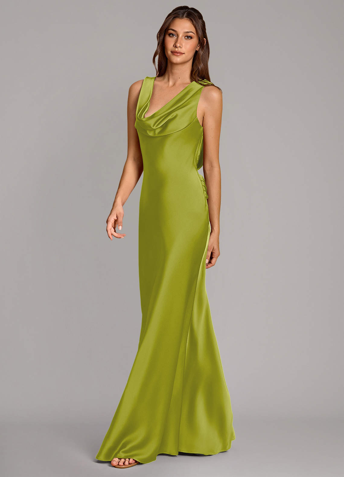 Cheryl Mermaid Cowl-Neck Stretch Satin Bridesmaid Dress in Lemongrass