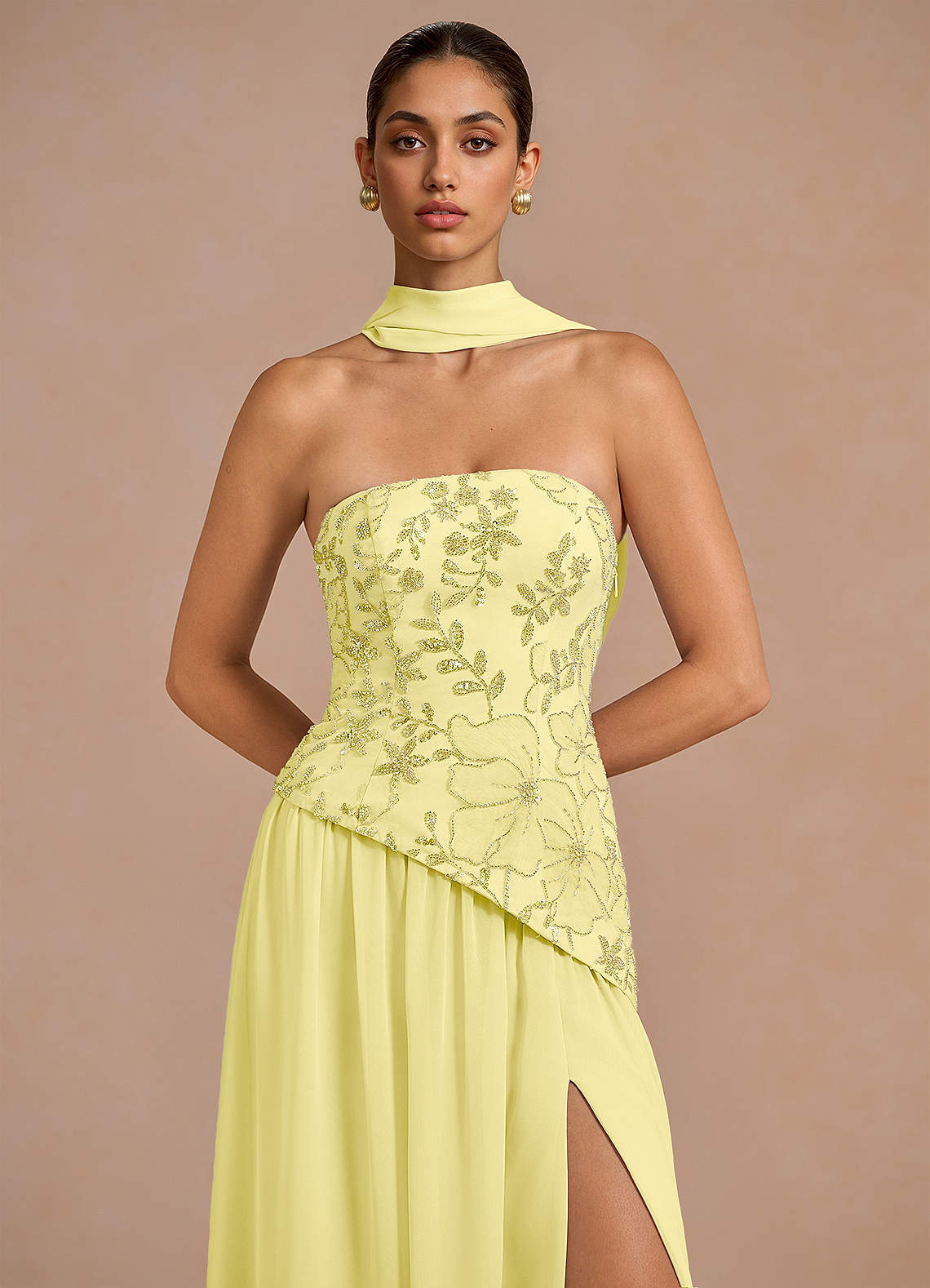 Galatea Sky Blue A-Line Floral Chiffon Evening Dress in Lemon Sorbet