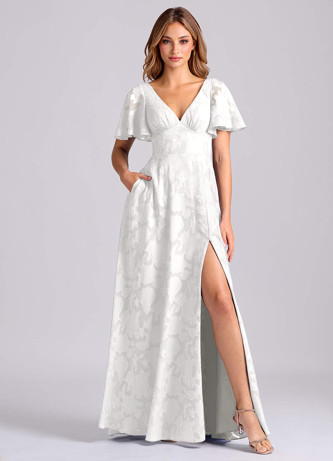 Kimber A-Line V-Neck Floral Burnout Bridesmaid Dress in white
