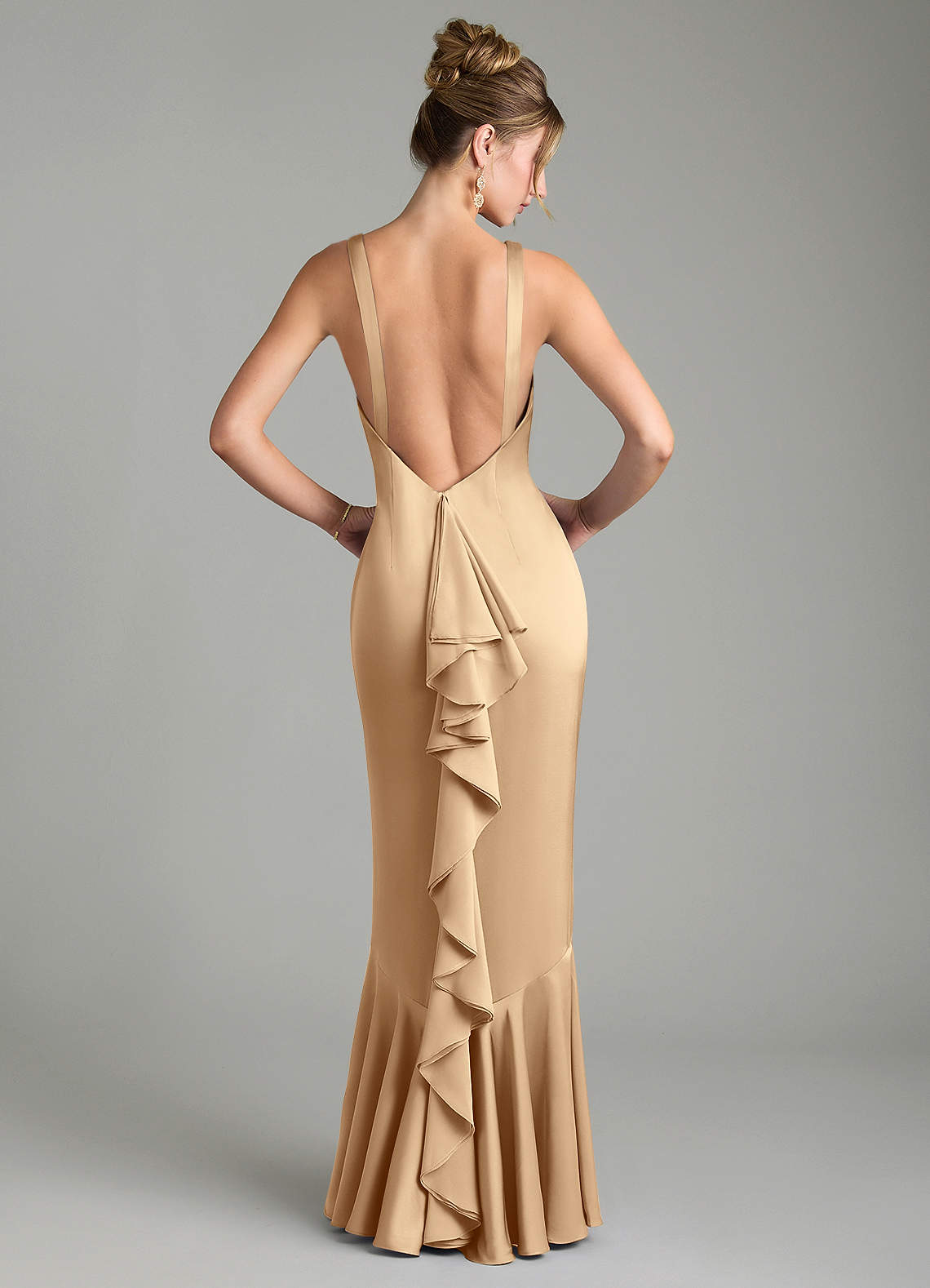 Tamera Mermaid Boat-Neck Stretch Satin and Chiffon Bridesmaid Dress in Champagne