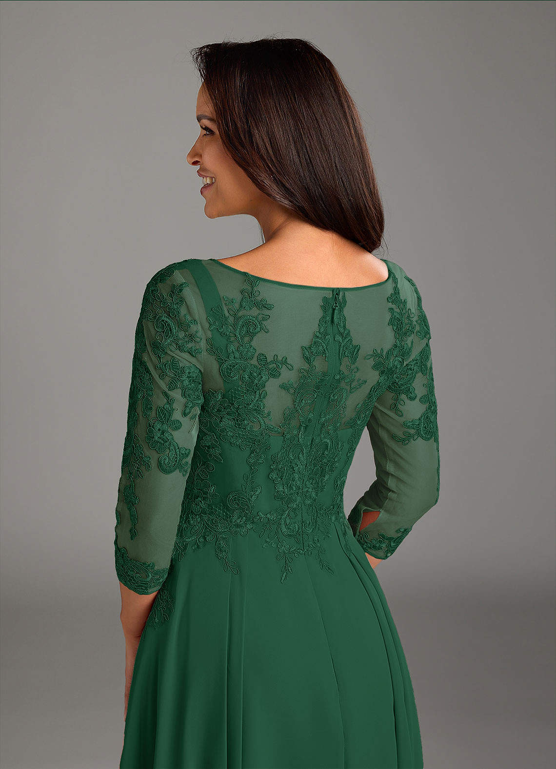 Marge A-Line Scoop-Neck Chiffon and Lace Mother of the Bride Dress in Dark Green