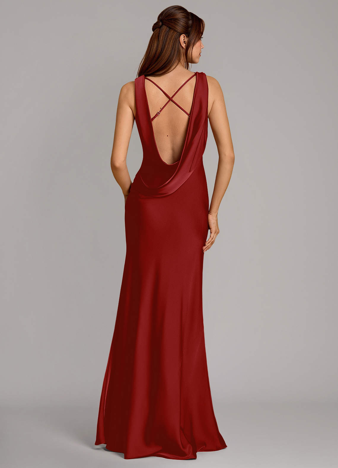 Cheryl Mermaid Cowl-Neck Stretch Satin Bridesmaid Dress in Pomegranate