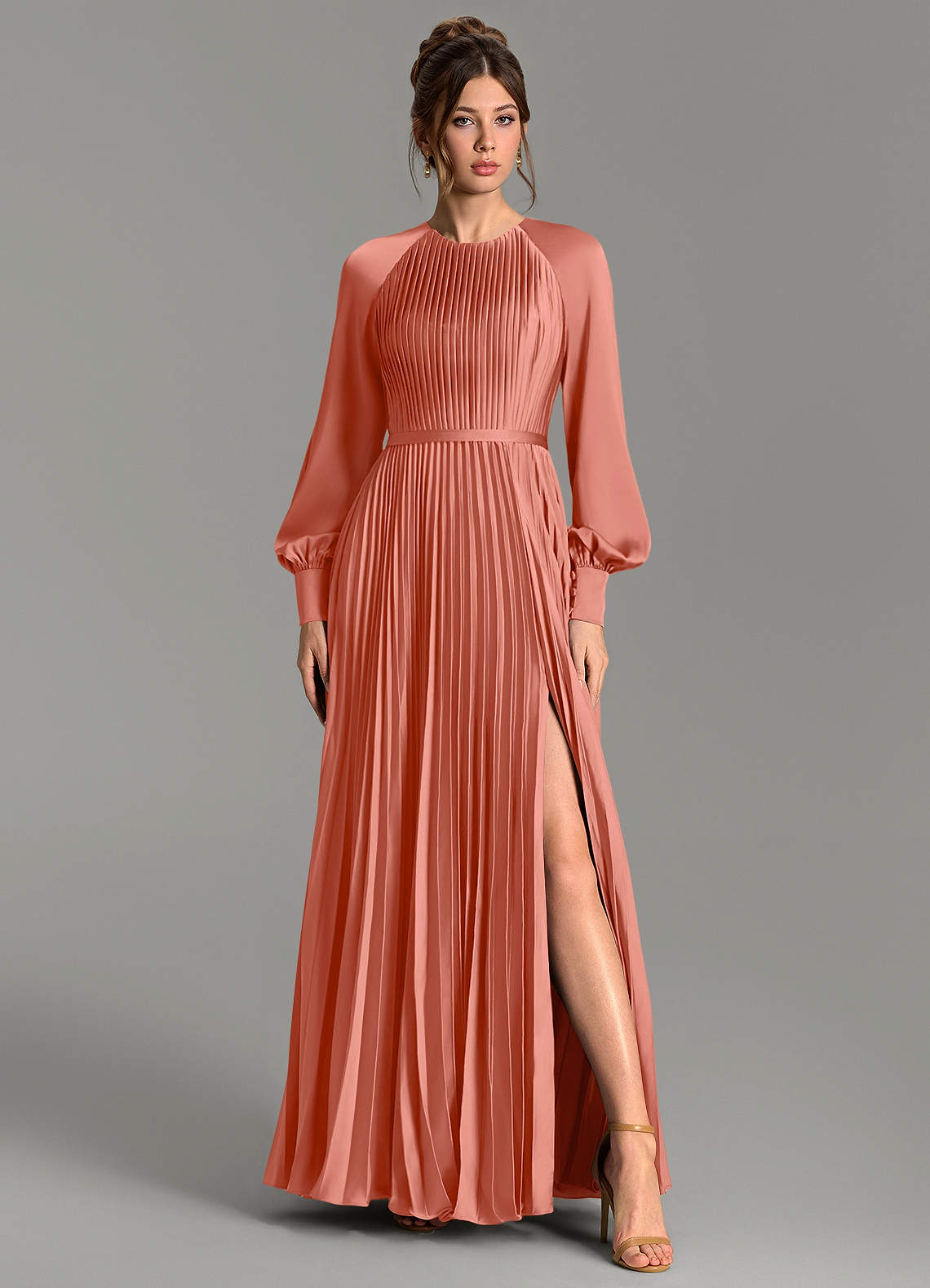 Grayson A-Line Scoop-Neck Stretch Satin Bridesmaid Dress in Salmon Pink