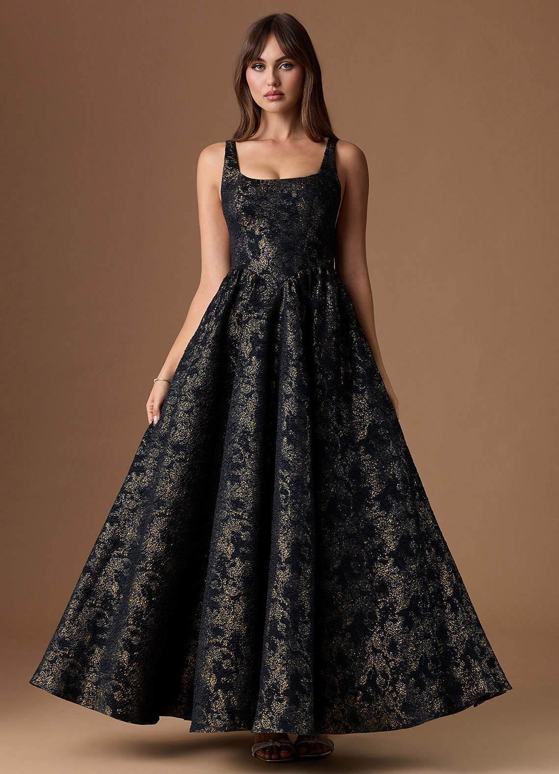 Bea A-Line Square-Neck Brocade Evening Dress in Gilded Midnight