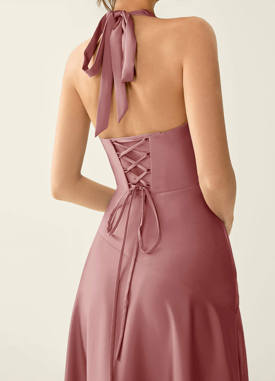 Titania Halter Asymmetric-Ruffle Satin Evening Dress in Dusty Pink