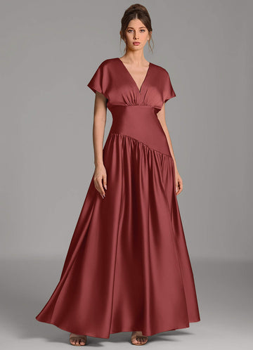 Alysse A-Line V-Neck Stretch Satin Bridesmaid Dress in Terracotta