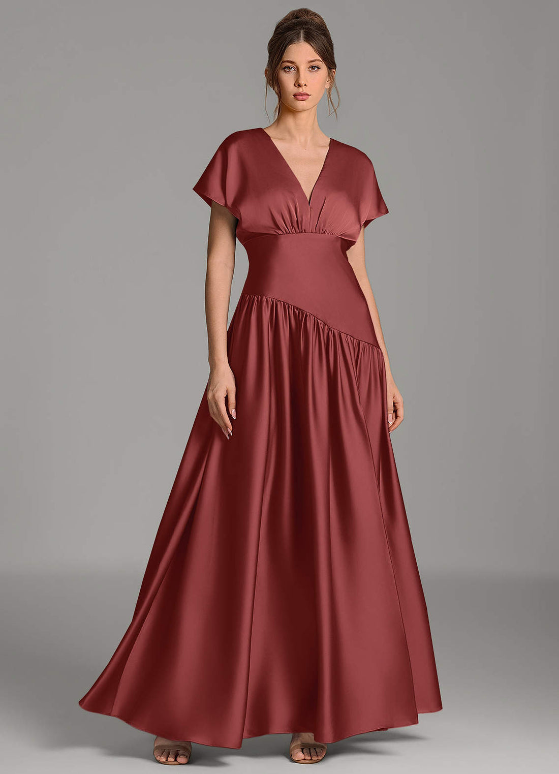 Alysse A-Line V-Neck Stretch Satin Bridesmaid Dress in Terracotta