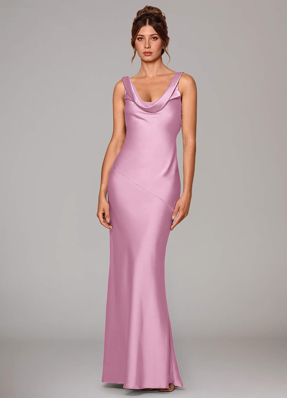 Rylina Mermaid Cowl-Neck Stretch Satin Bridesmaid Dress in candy pink