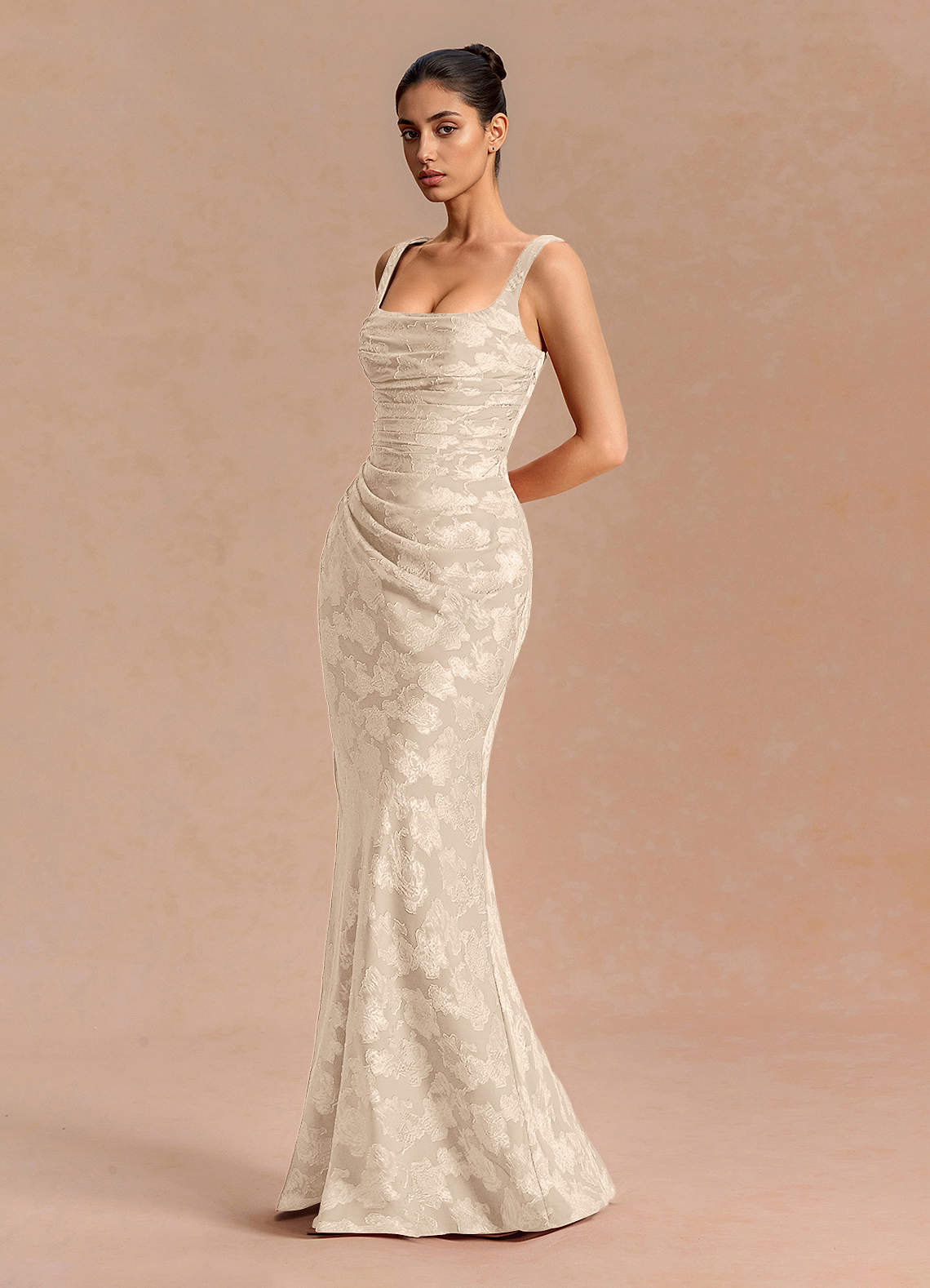 Agustina Square-Neck Pleated Fil Coupé Evening Dress in Cream