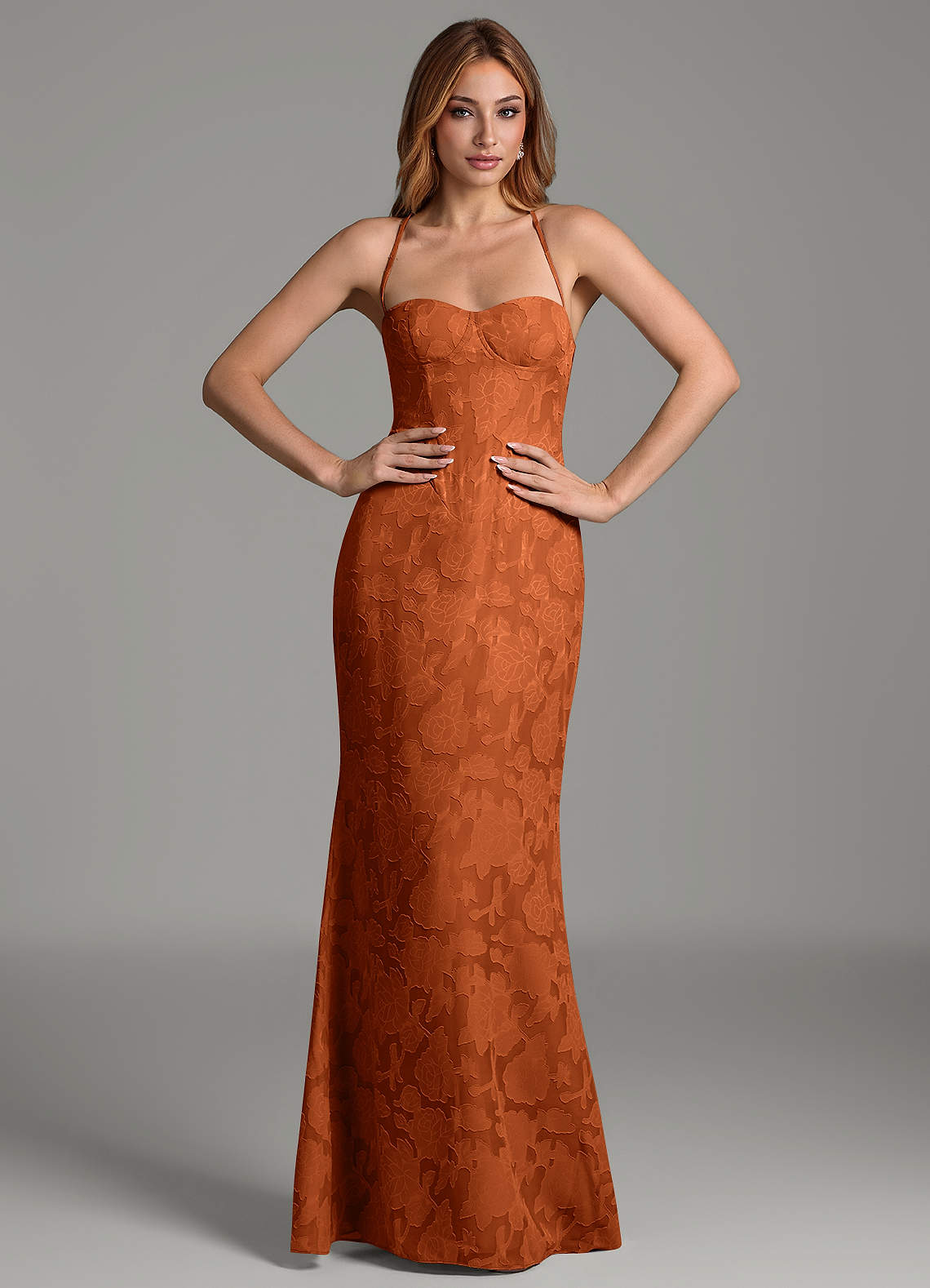 Dara Mermaid Sweetheart Floral Burnout Bridesmaid Dress in Burnt Orange
