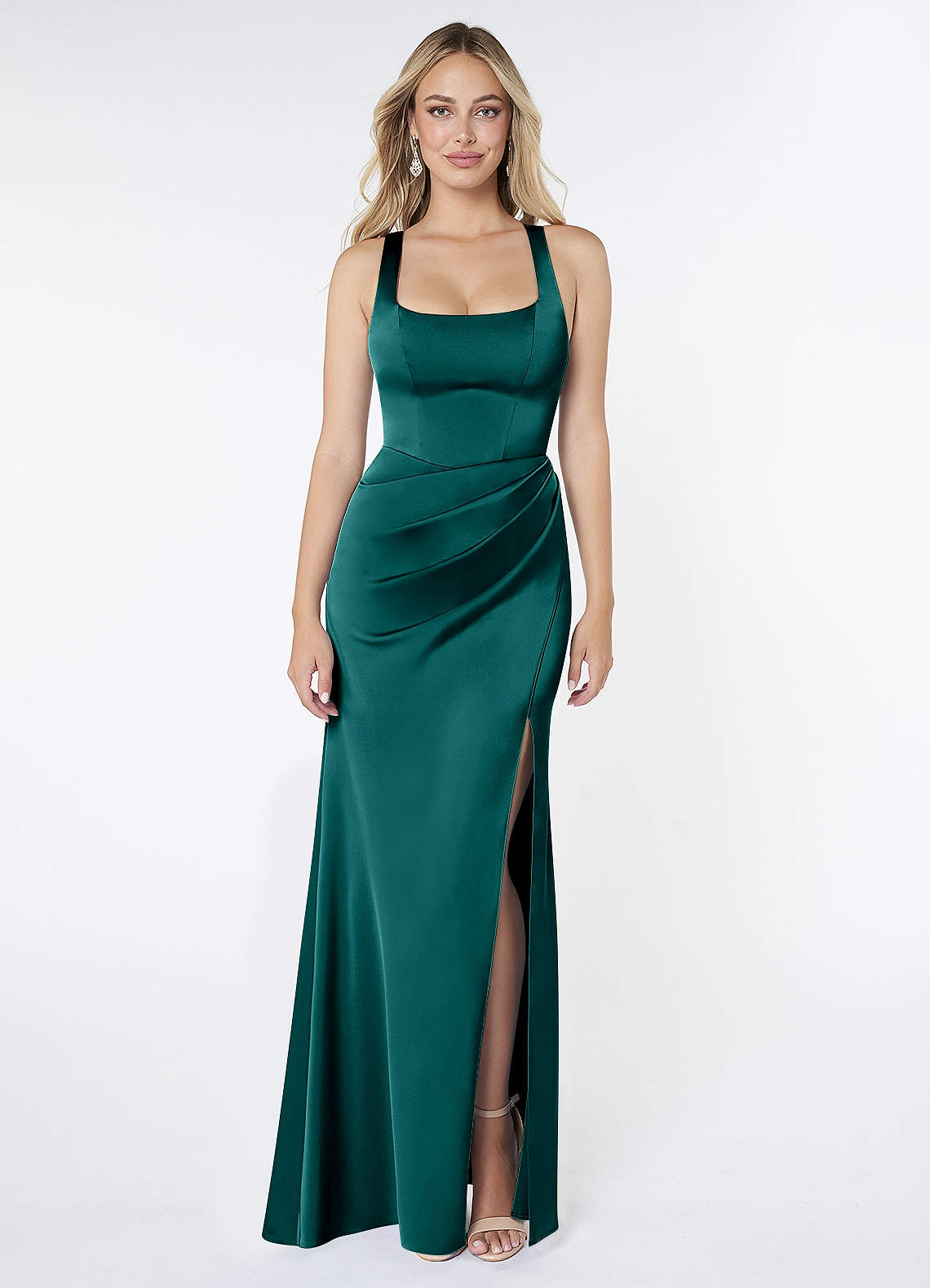 Mero Mermaid Square-Neck Stretch Satin Bridesmaid Dress in Peacock