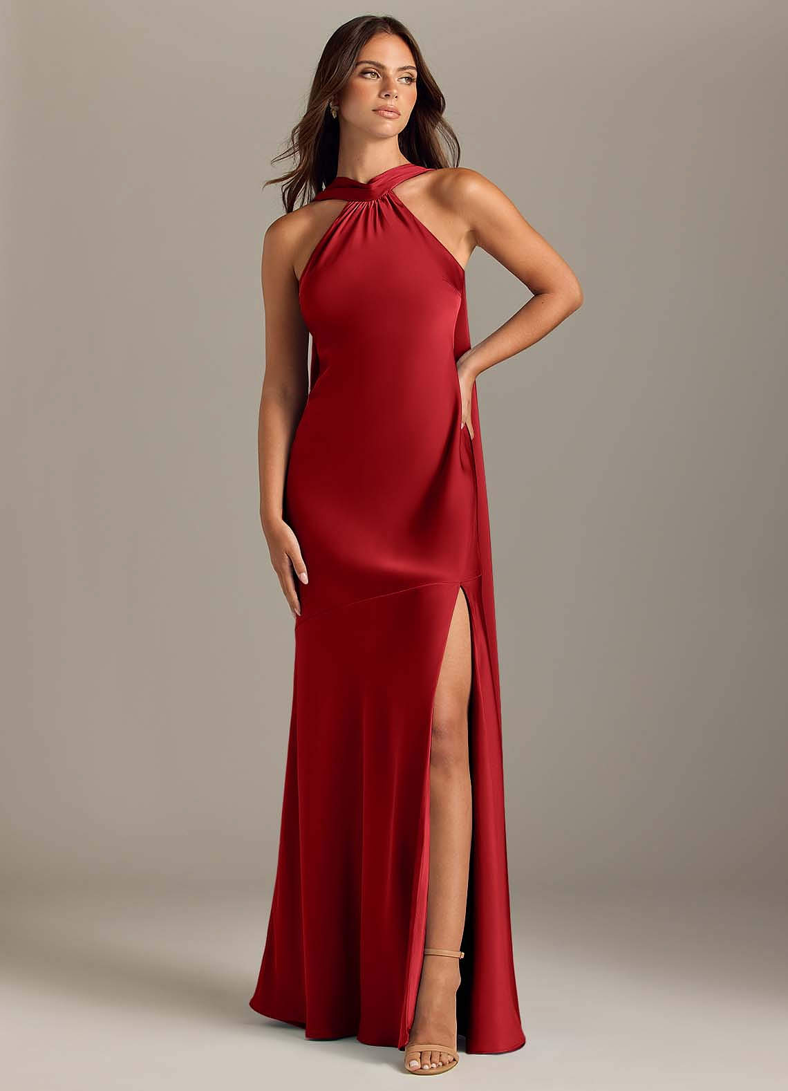 Kinsley Mermaid Halter Stretch Satin Bridesmaid Dress in Pomegranate