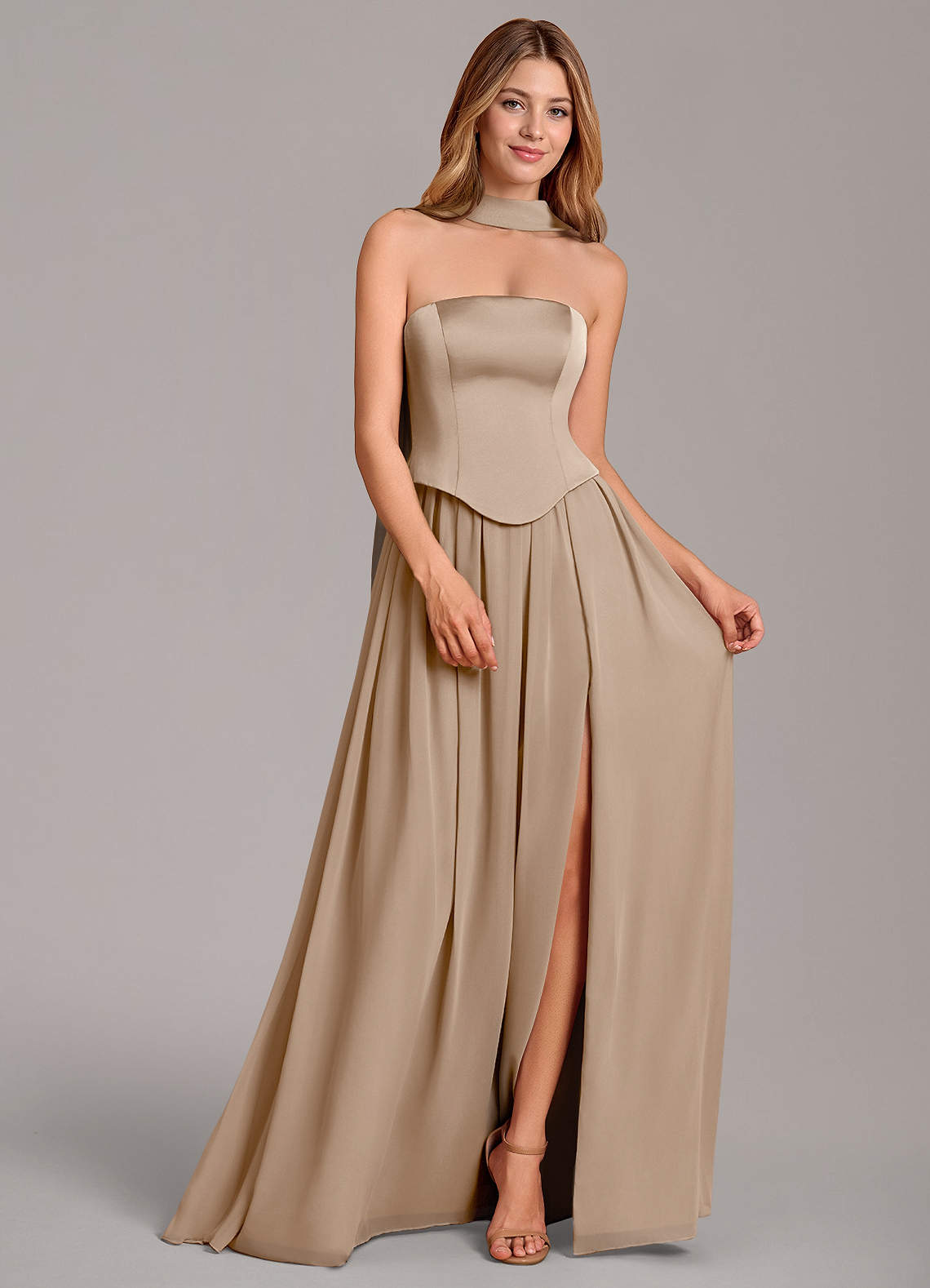 Cadence A-Line Strapless Chiffon and Stretch Satin Bridesmaid Dress in Taupe