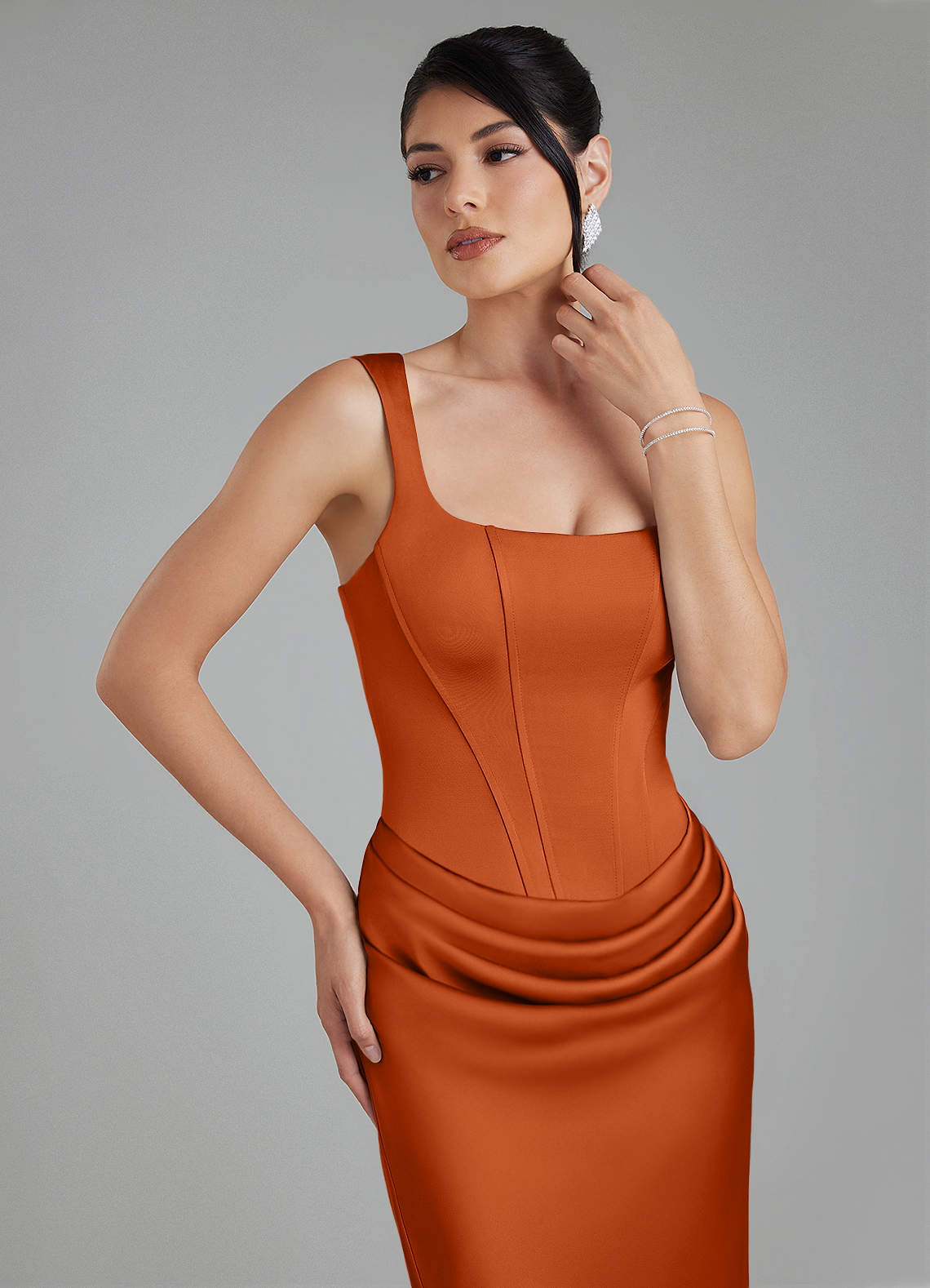 Etta Mermaid Square-Neck Stretch Satin Bridesmaid Dress in Burnt Orange