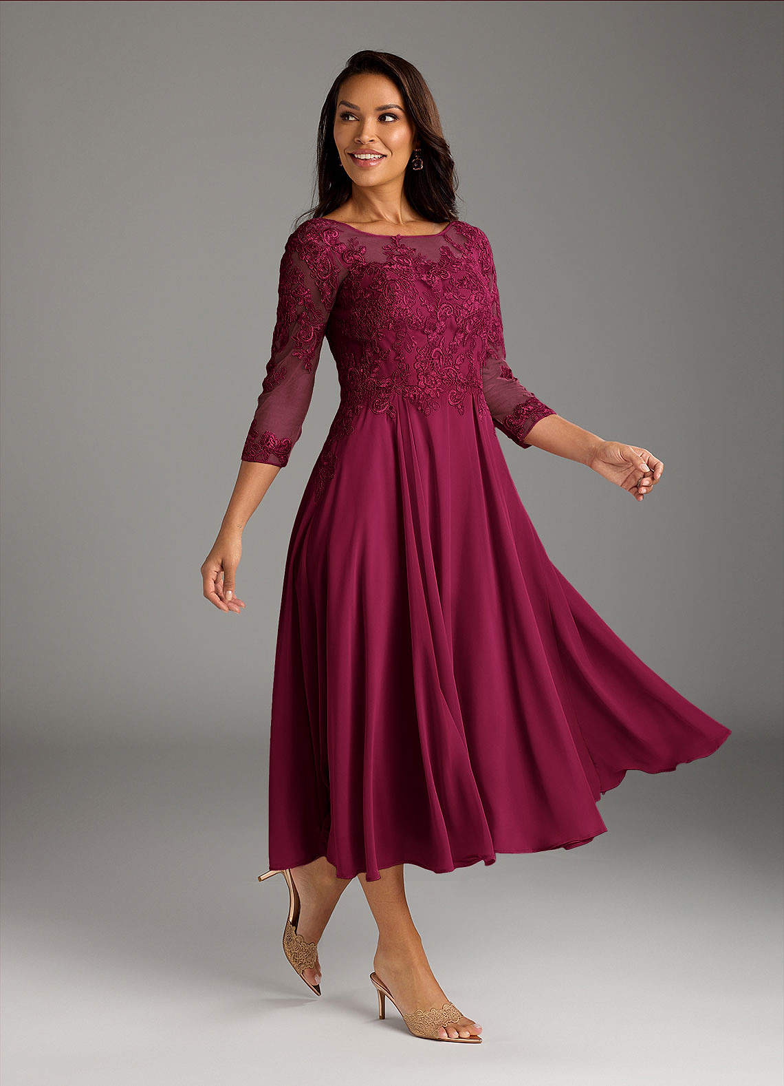Marge A-Line Scoop-Neck Chiffon and Lace Mother of the Bride Dress in Burgundy