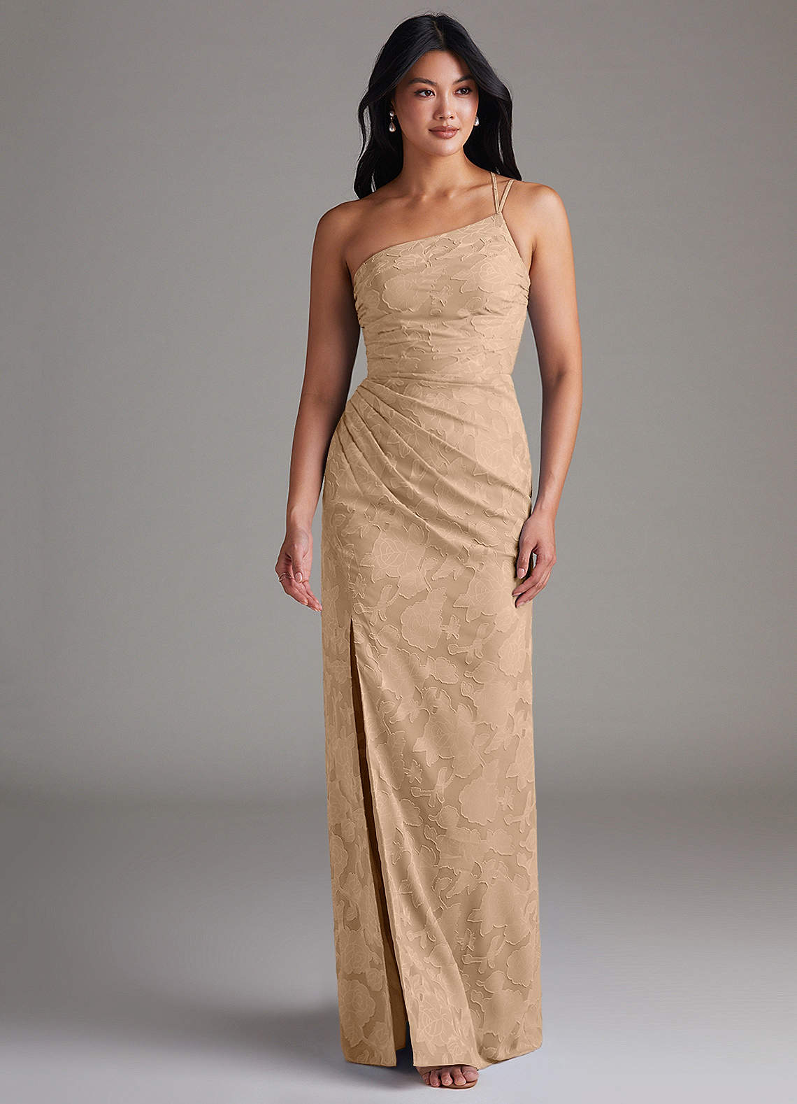 Eren Sheath One-Shoulder Floral Burnout Bridesmaid Dress in Champagne