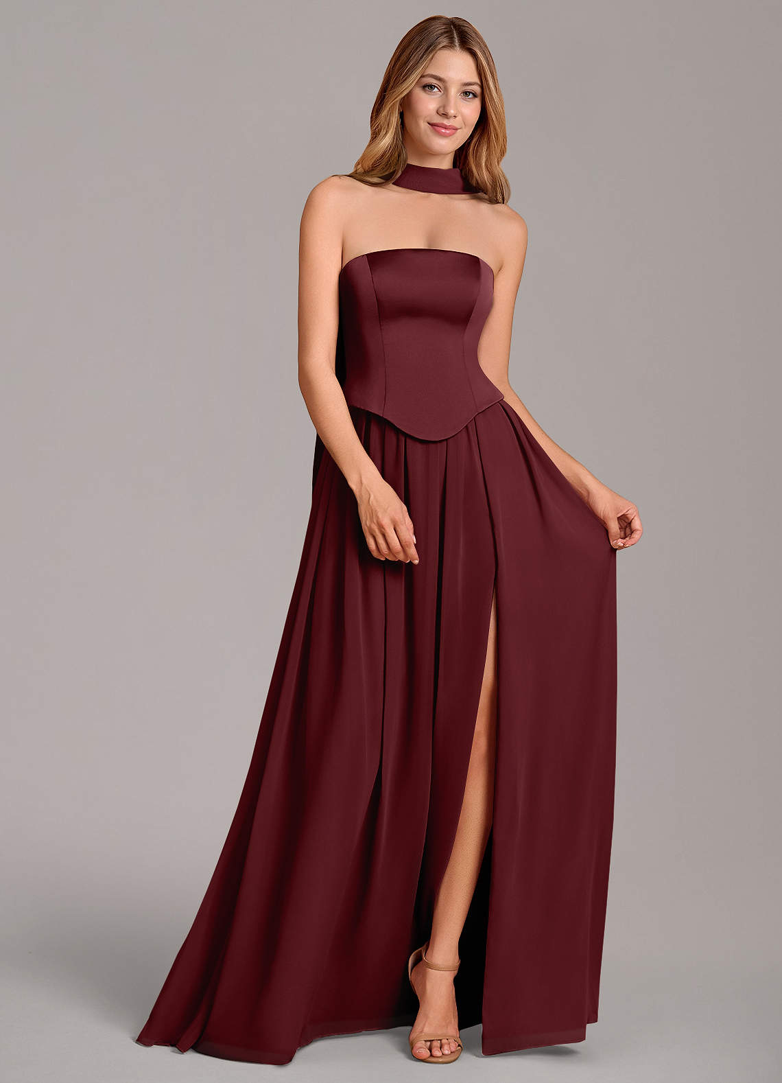 Cadence A-Line Strapless Chiffon and Stretch Satin Bridesmaid Dress in Cabernet