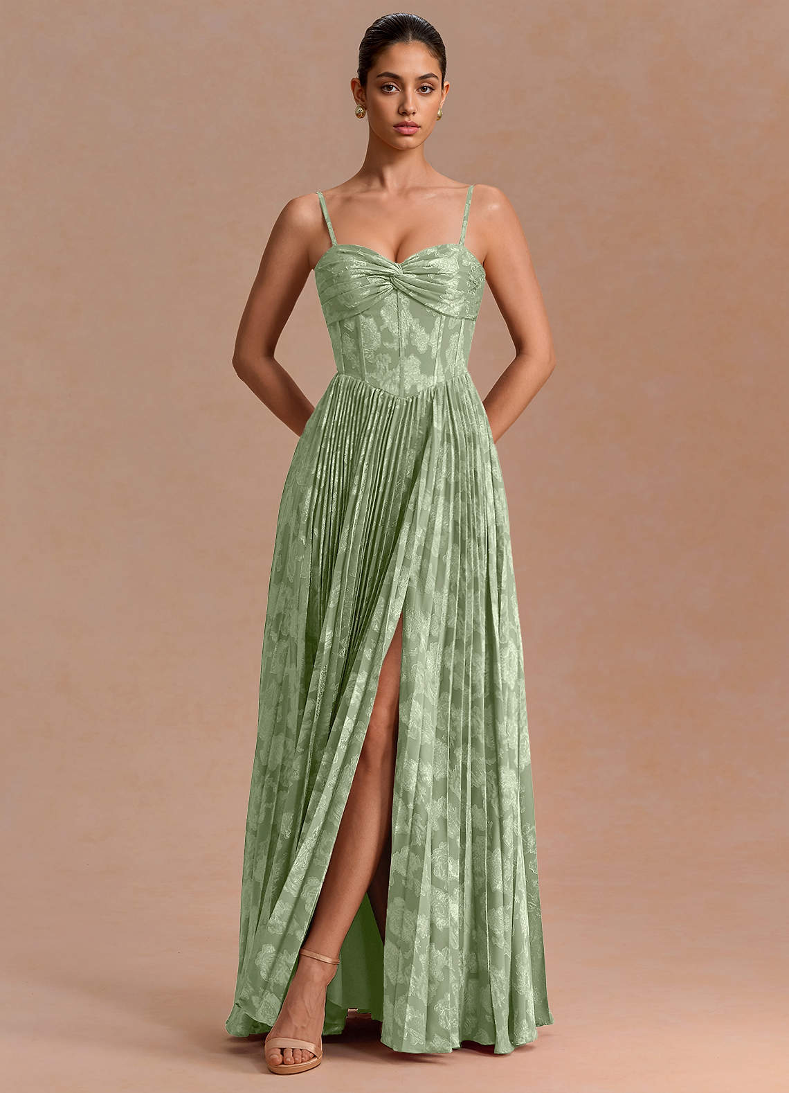 Delfina A-Line Twisted-Bust Fil Coupé Evening Dress in Light Green