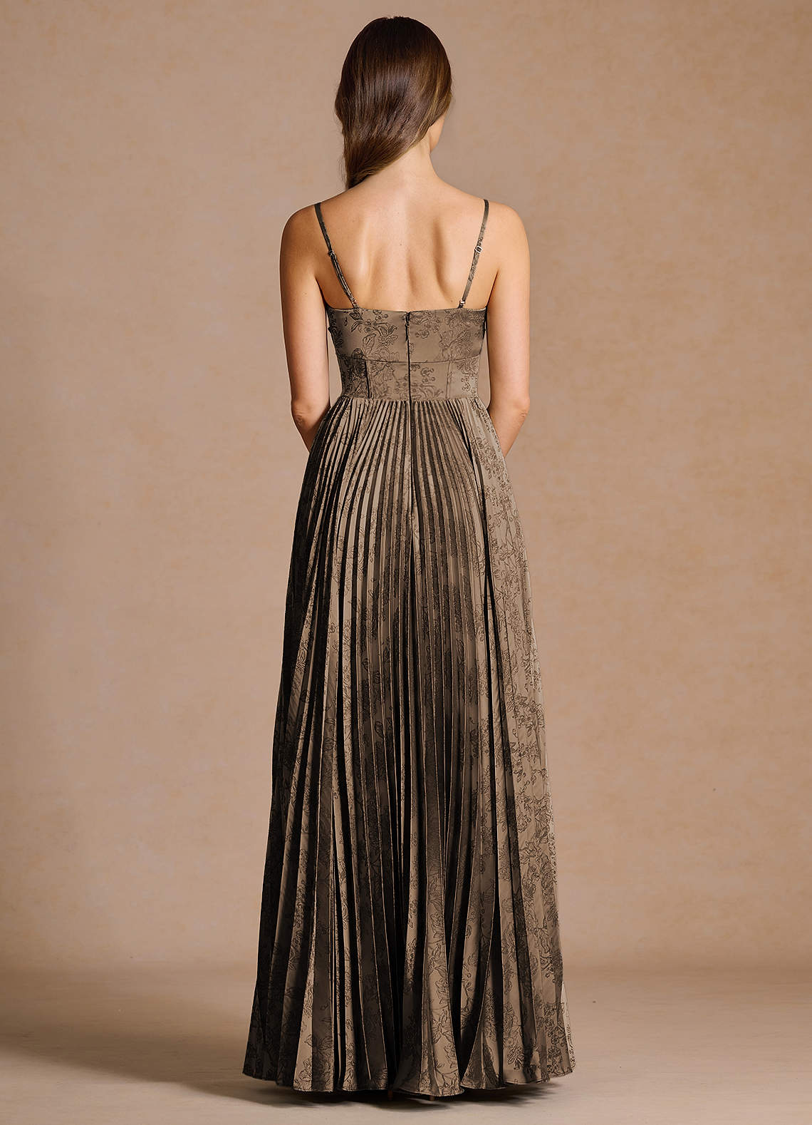 Vesper Pleated Knot-Neck Jacquard Wedding Guest Dress in Coffee Brown
