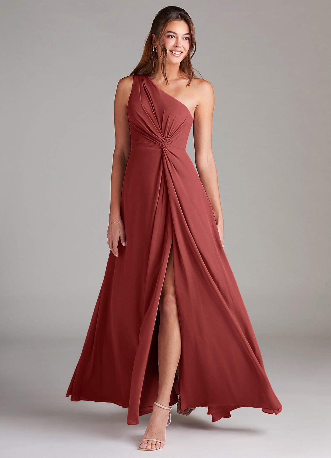 Brooke A-Line One-Shoulder Chiffon Bridesmaid Dress in Terracotta