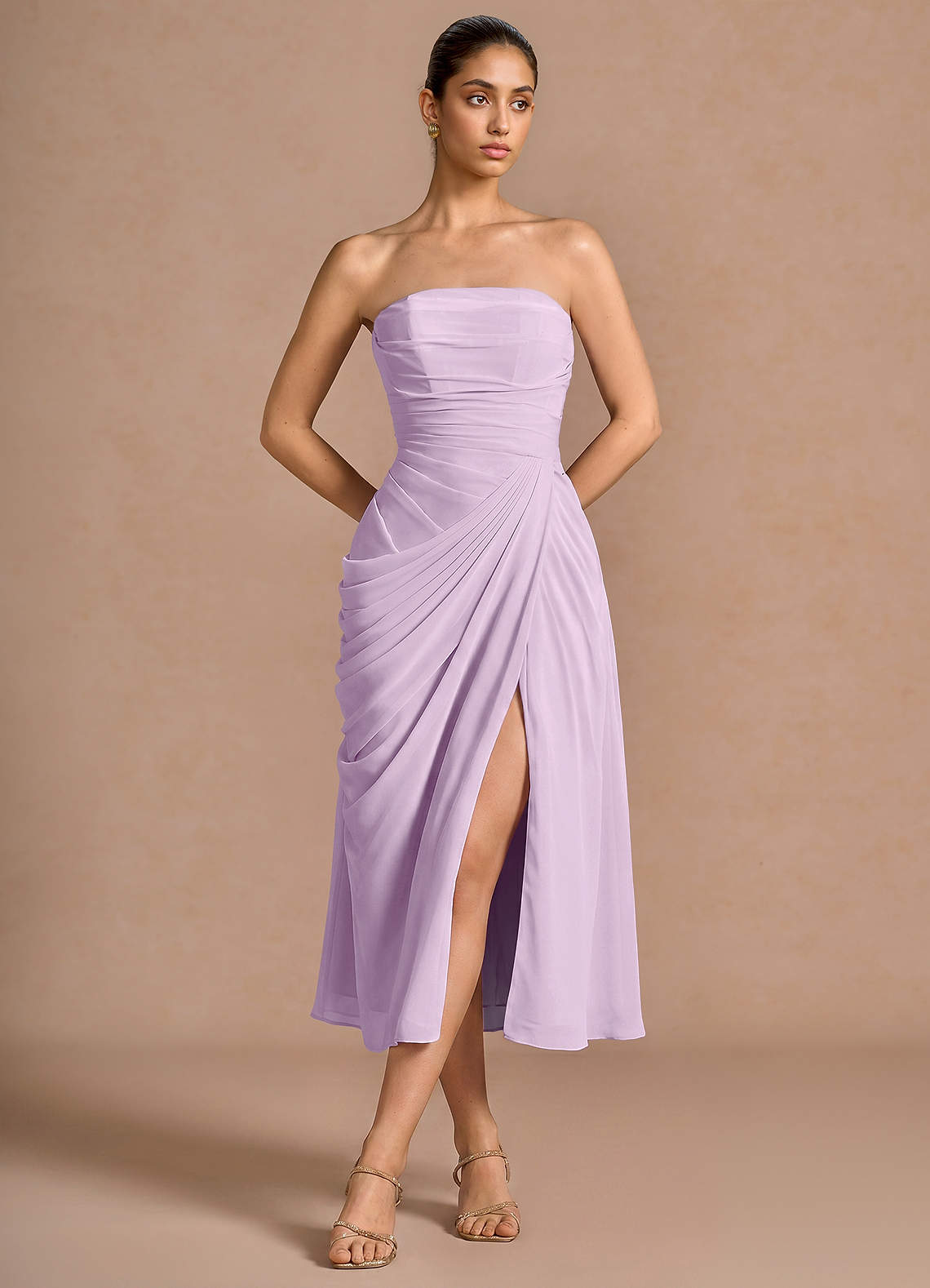 Kaavia Column Pleated Chiffon Midi Evening Dress in Frosted Lilac