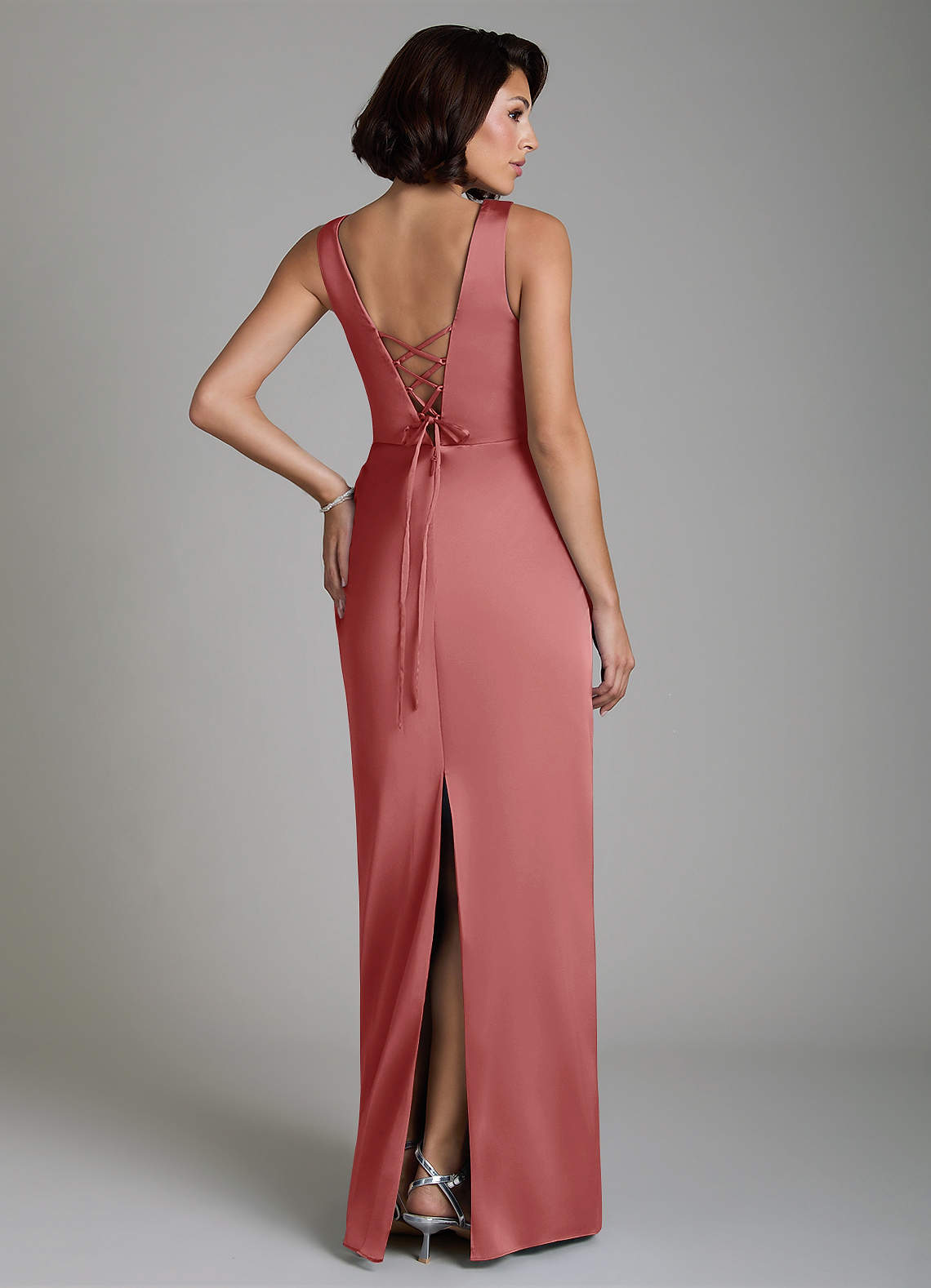 Vanya Sheath V-Neck Stretch Satin Bridesmaid Dress in Antique Rose