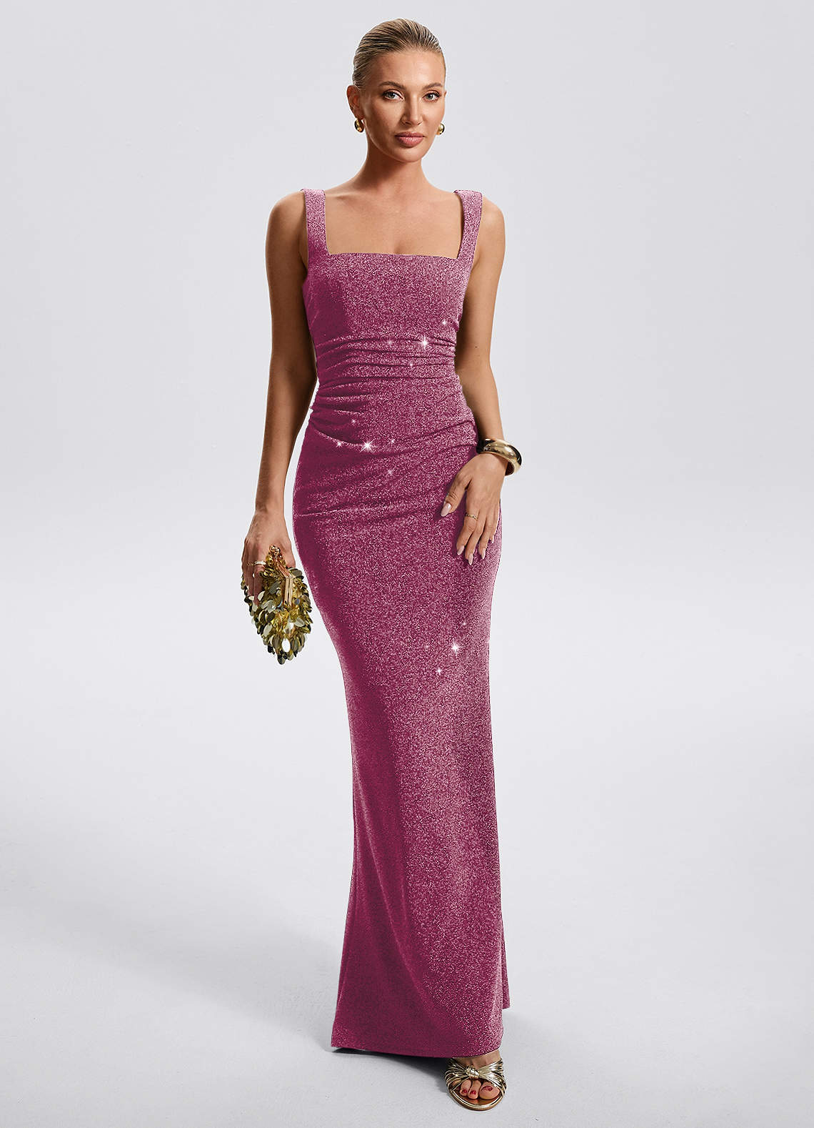Eira Sheath Square-Neck Metallic Knit Evening Dress in Pink