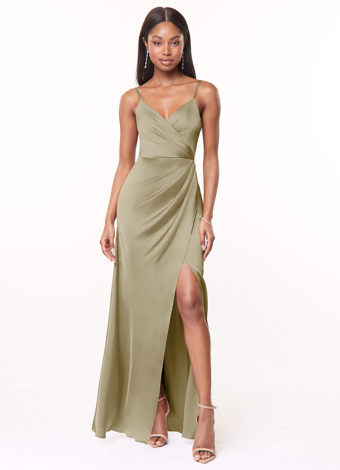 Maci A-Line V-Neck Stretch Satin Bridesmaid Dress in Moss Green