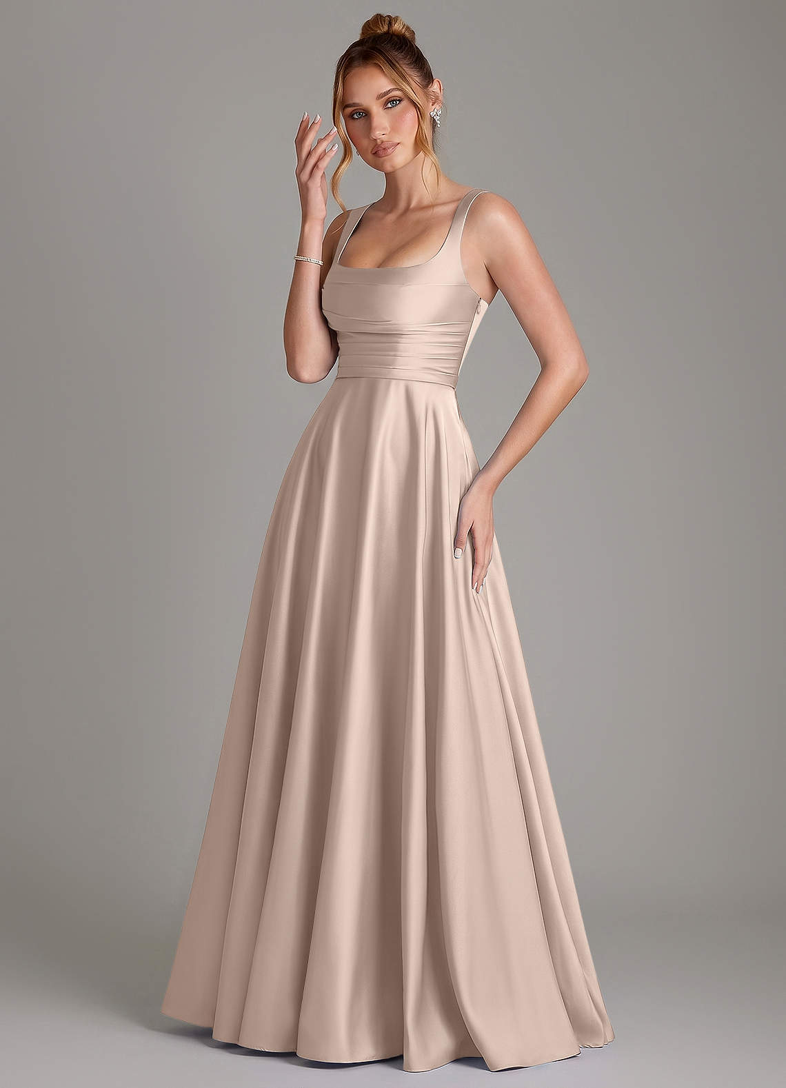 Azaria A-Line Square-Neck Stretch Satin Bridesmaid Dress in English Rose