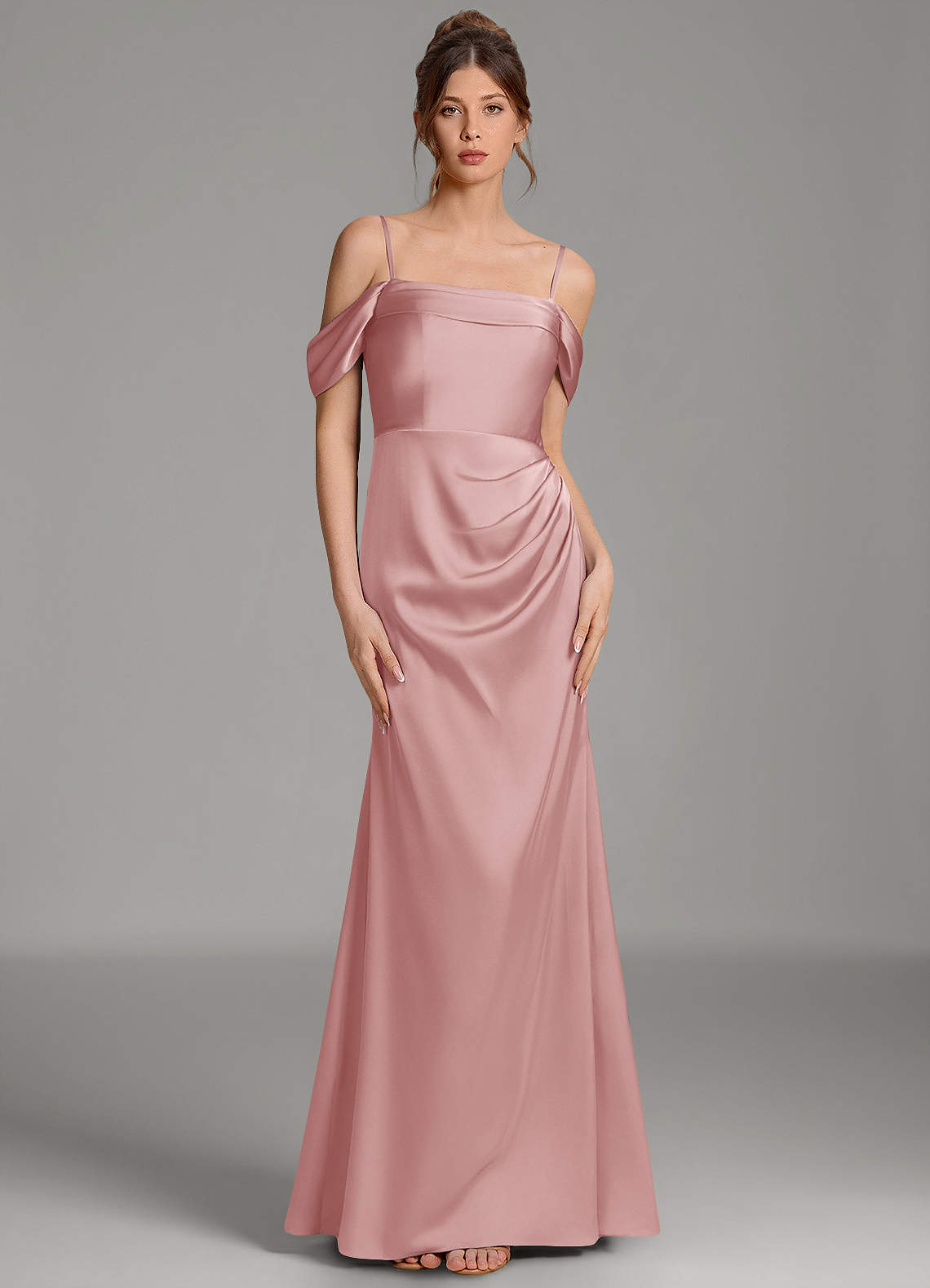 Wyatt Mermaid Off-the-Shoulder Stretch Satin Bridesmaid Dress in dusty rose