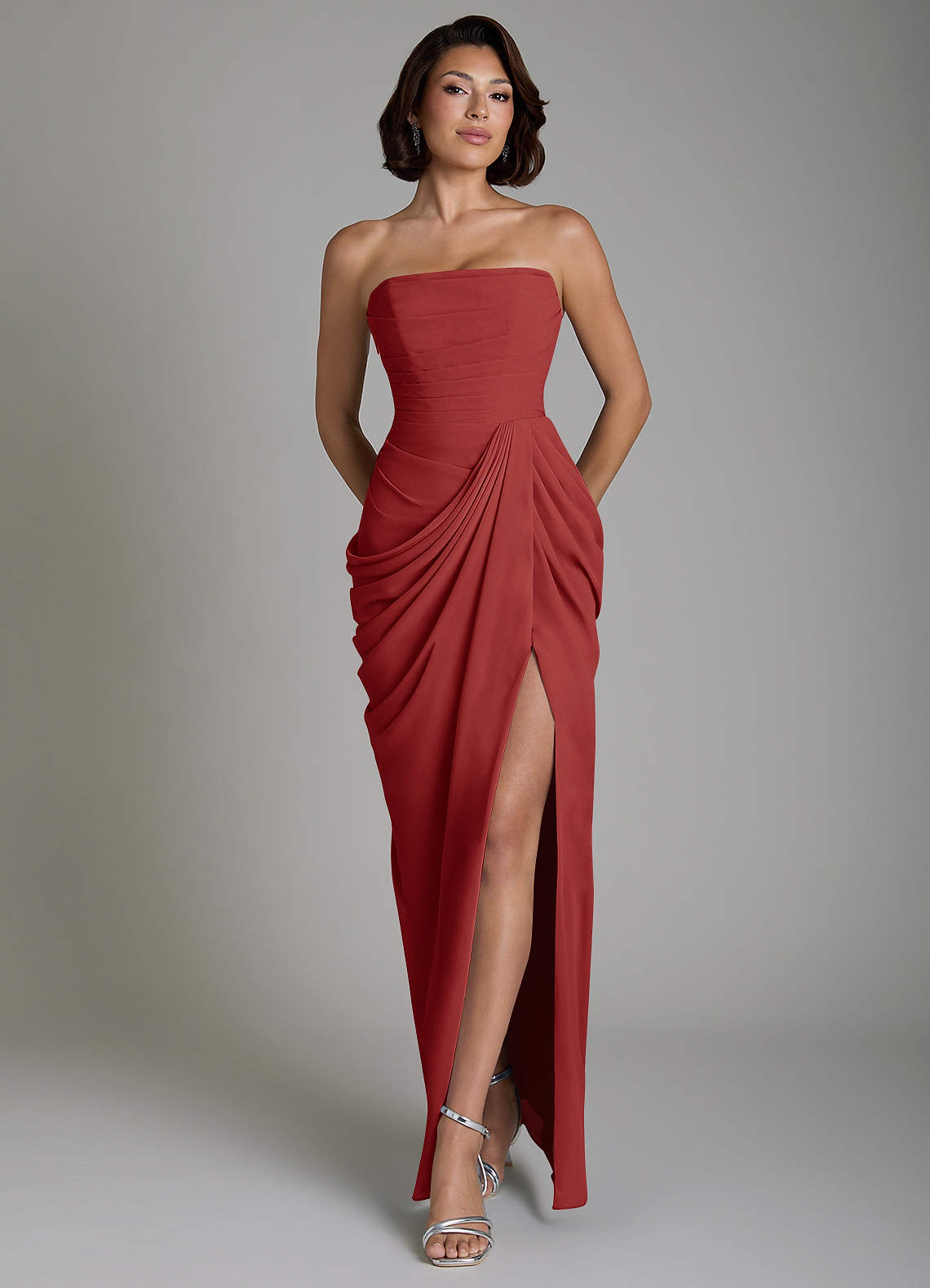 Nyra Sheath Strapless Chiffon Bridesmaid Dress in Rust