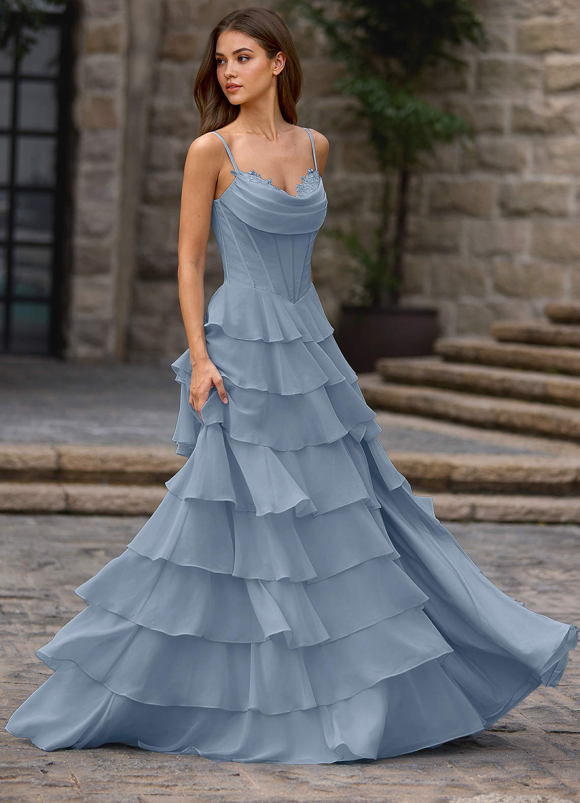 Floralace A-Line Ruffle Chiffon Evening Dress in Powder Blue