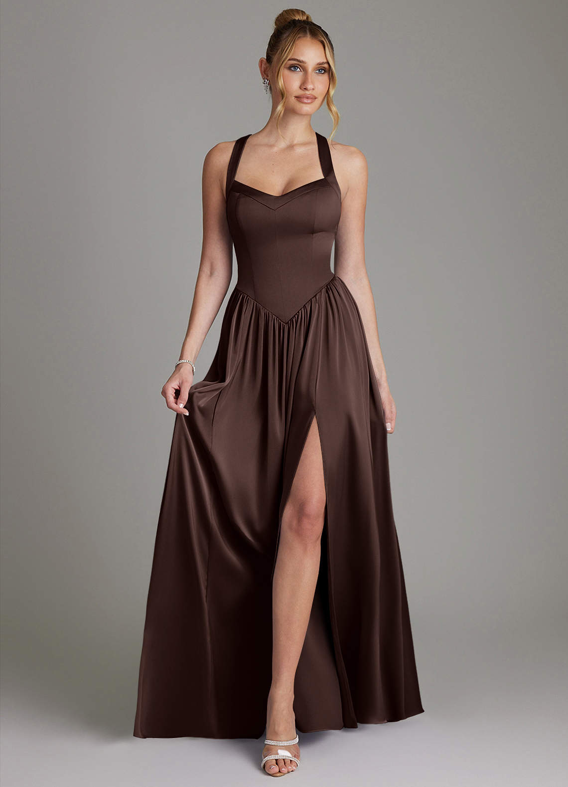 Francis A-Line V-Neck Stretch Satin Bridesmaid Dress in Ganache