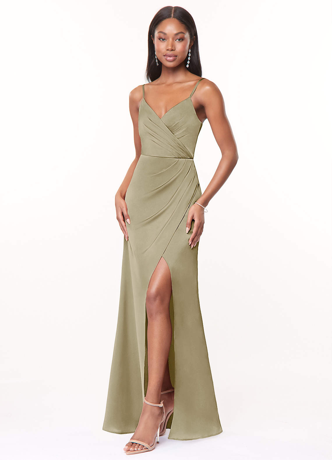 Maci A-Line V-Neck Stretch Satin Bridesmaid Dress in Moss Green