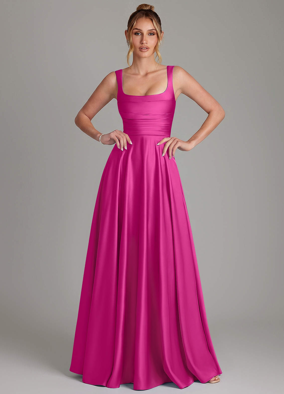 Azaria A-Line Square-Neck Stretch Satin Bridesmaid Dress in Fuchsia