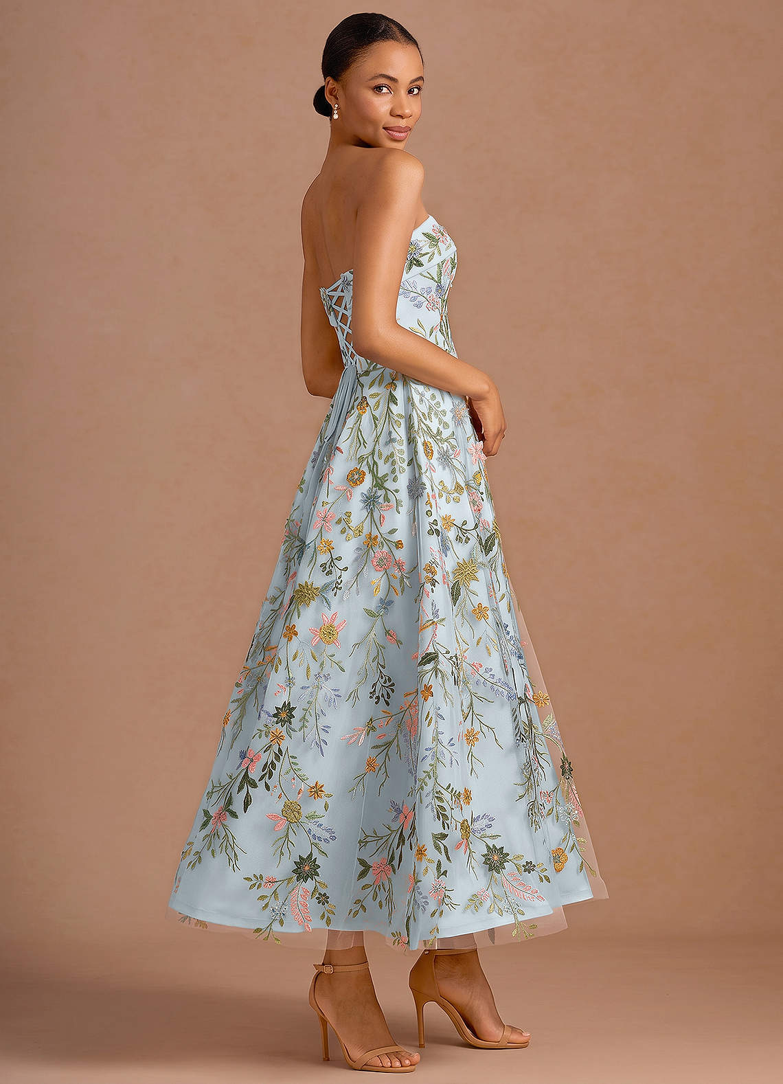 Evangeline Strapless Corset Floral Lace Evening Dress in Sky Blue