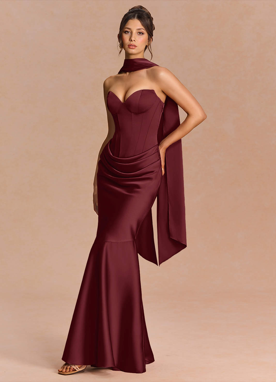 Euphemia Mermaid Strapless Stretch Satin Evening Dress in Wine