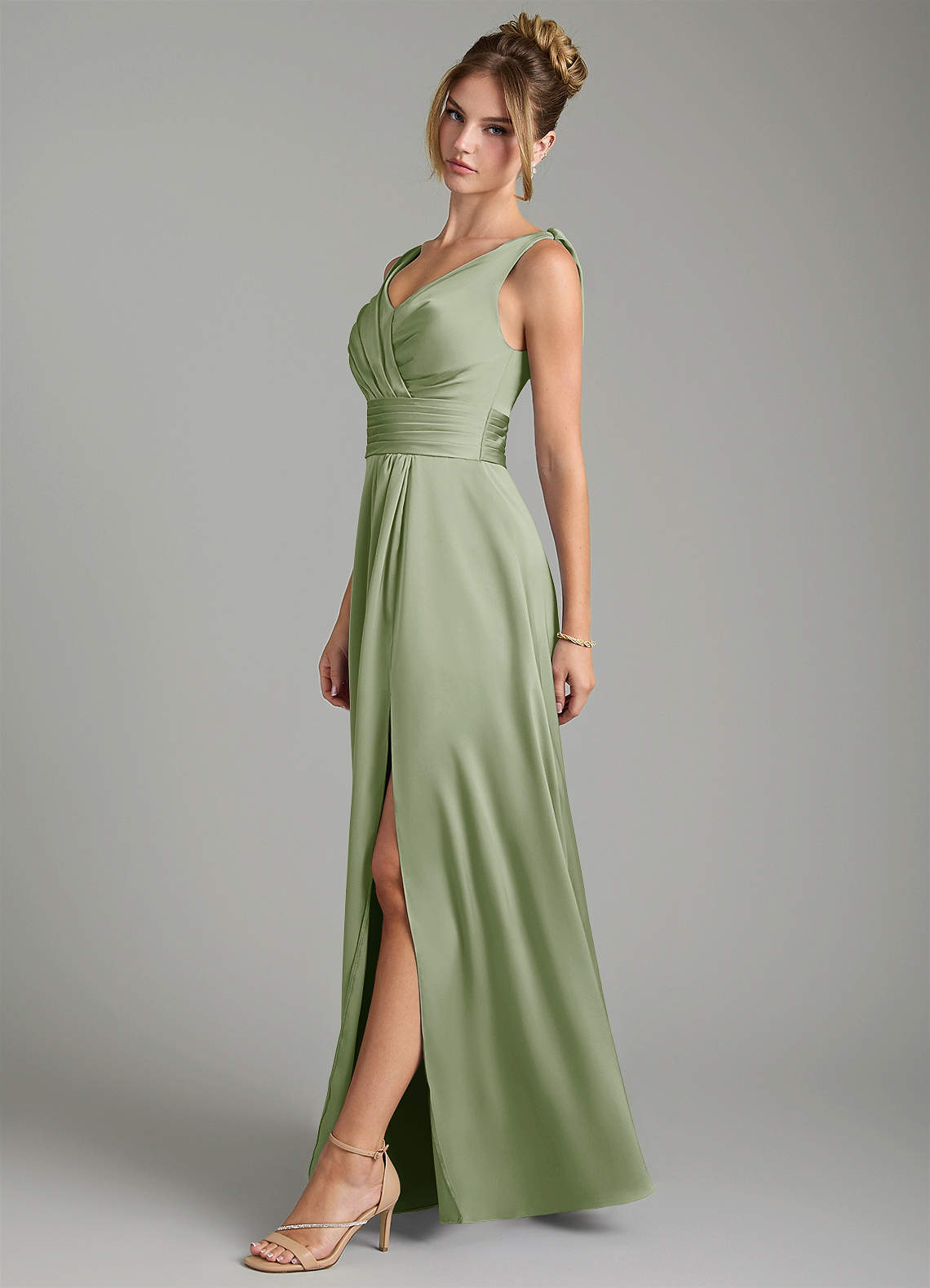 Karina A-Line V-Neck Stretch Satin Bridesmaid Dress in Dusty Sage