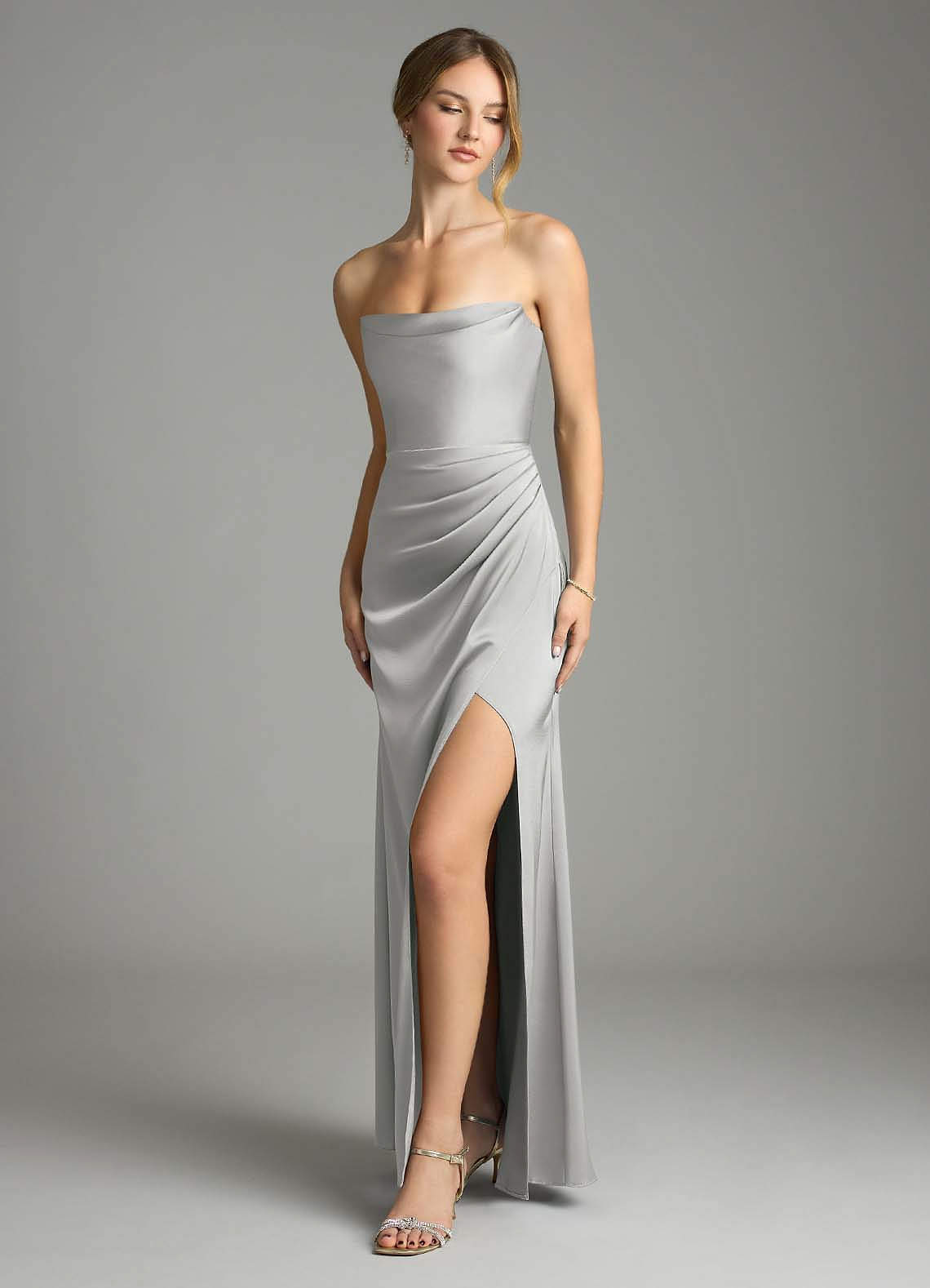 Leonis Mermaid Cowl-Neck Stretch Satin Bridesmaid Dress in Silver