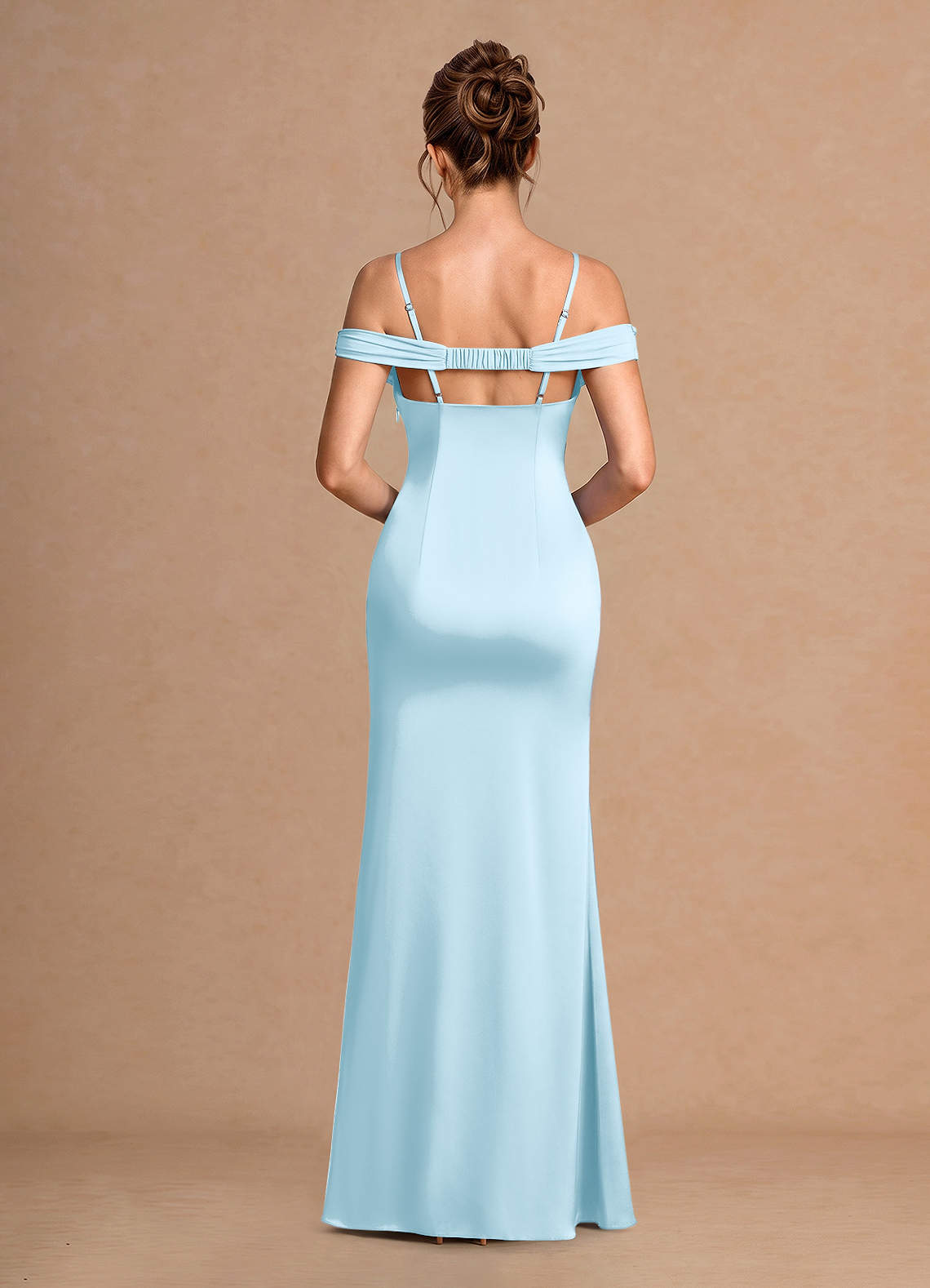 Estelle A-Line Cold-Shoulder Satin Chiffon Evening Dress in Light Blue