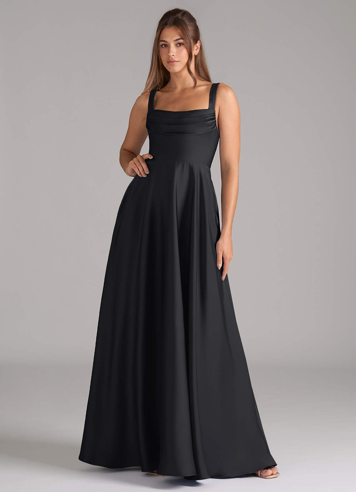 Shaude A-Line Square-Neck Stretch Satin Bridesmaid Dress in black