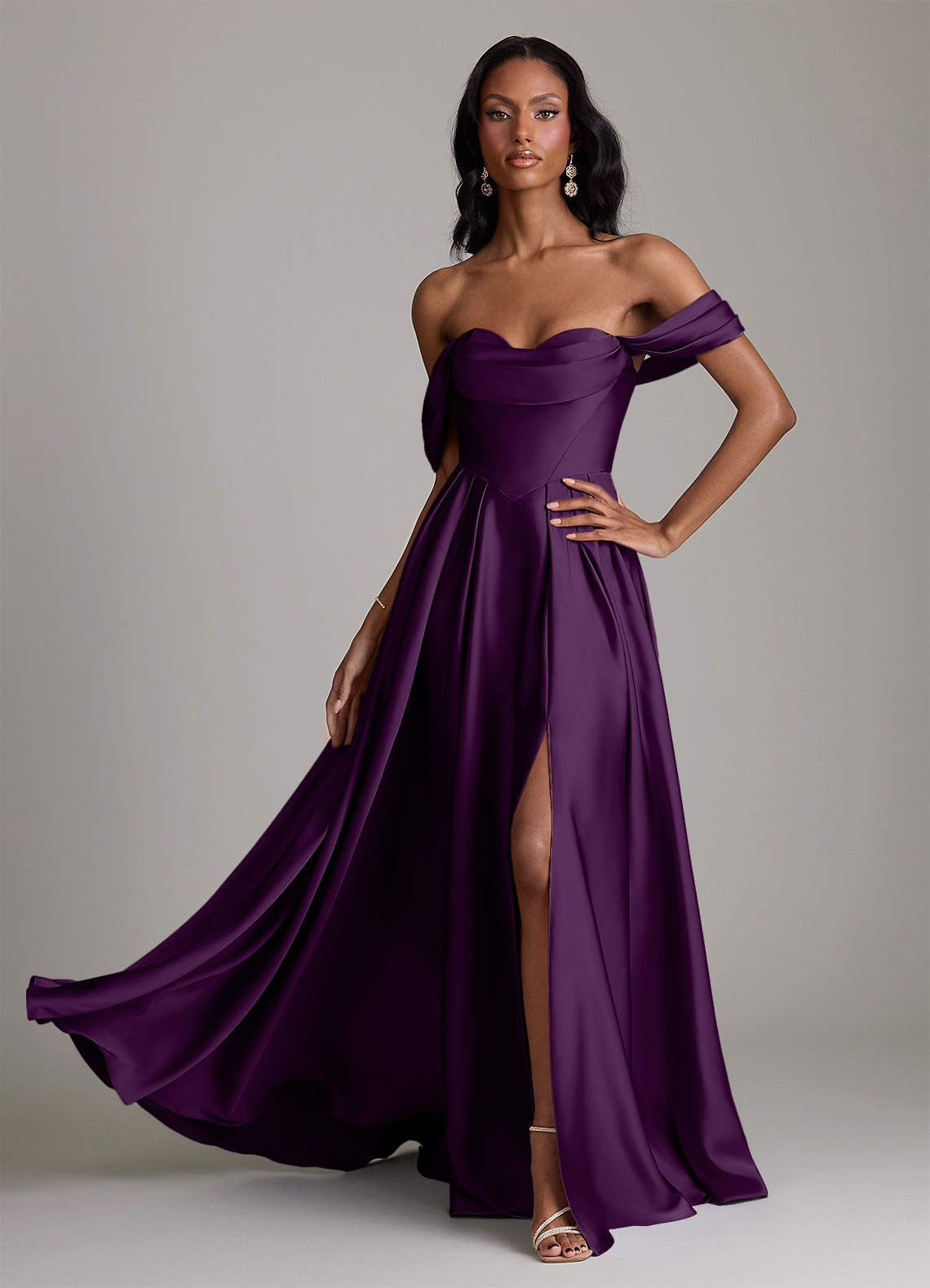 Loisa A-Line Off-the-Shoulder Stretch Satin Bridesmaid Dress in Grape