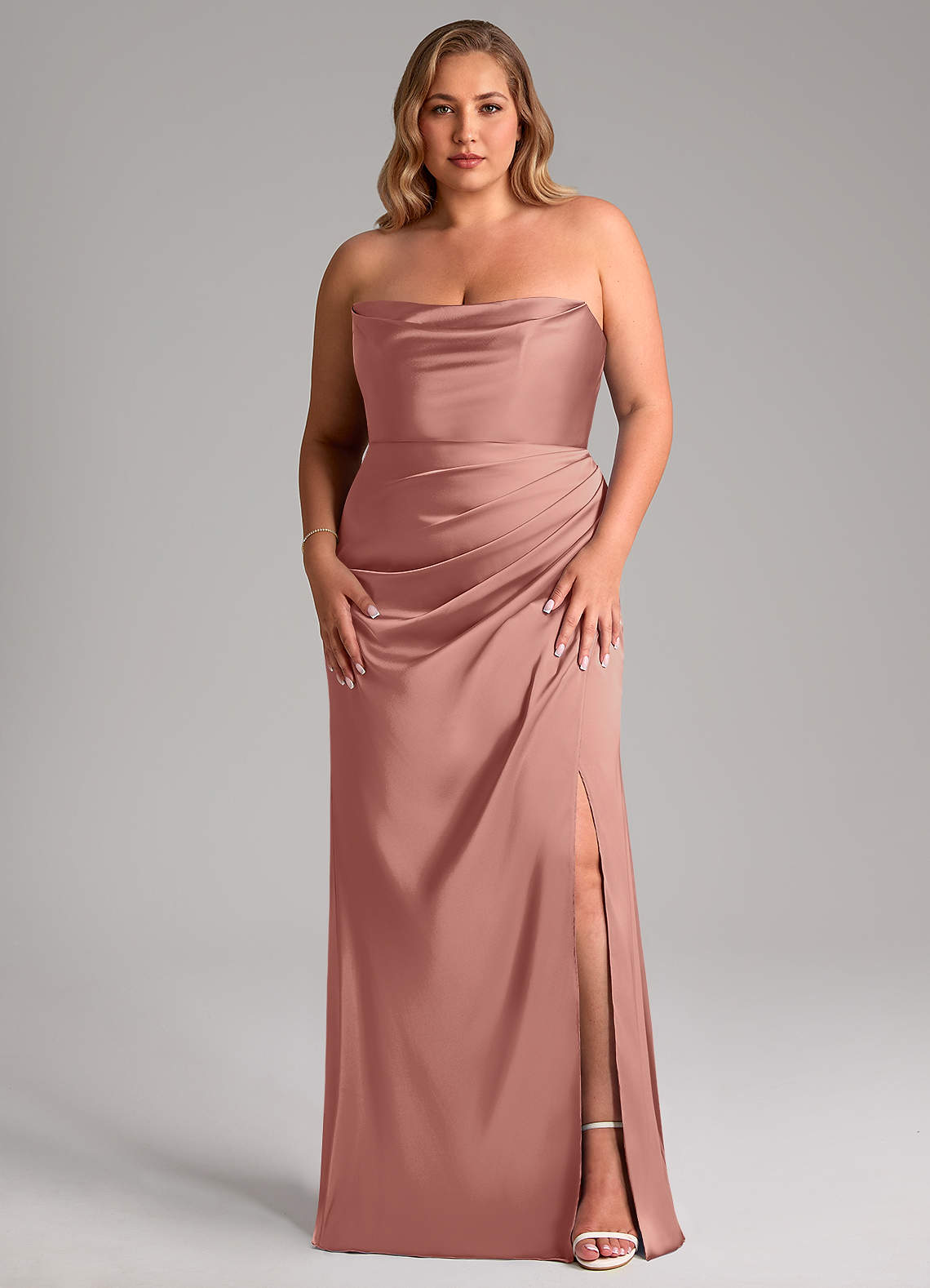 Leonis Mermaid Cowl-Neck Stretch Satin Bridesmaid Dress in Rosette