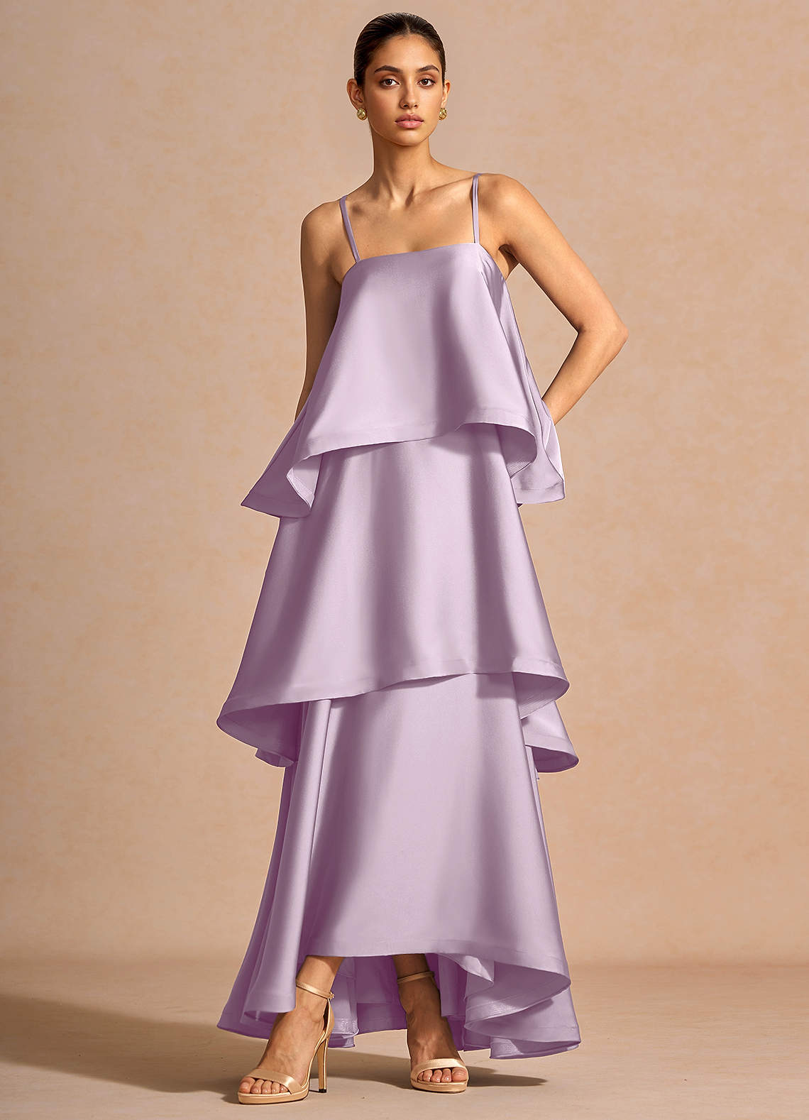 Itasca A-Line Tiered Stretch Satin Wedding Guest Dress in Frosted Lilac